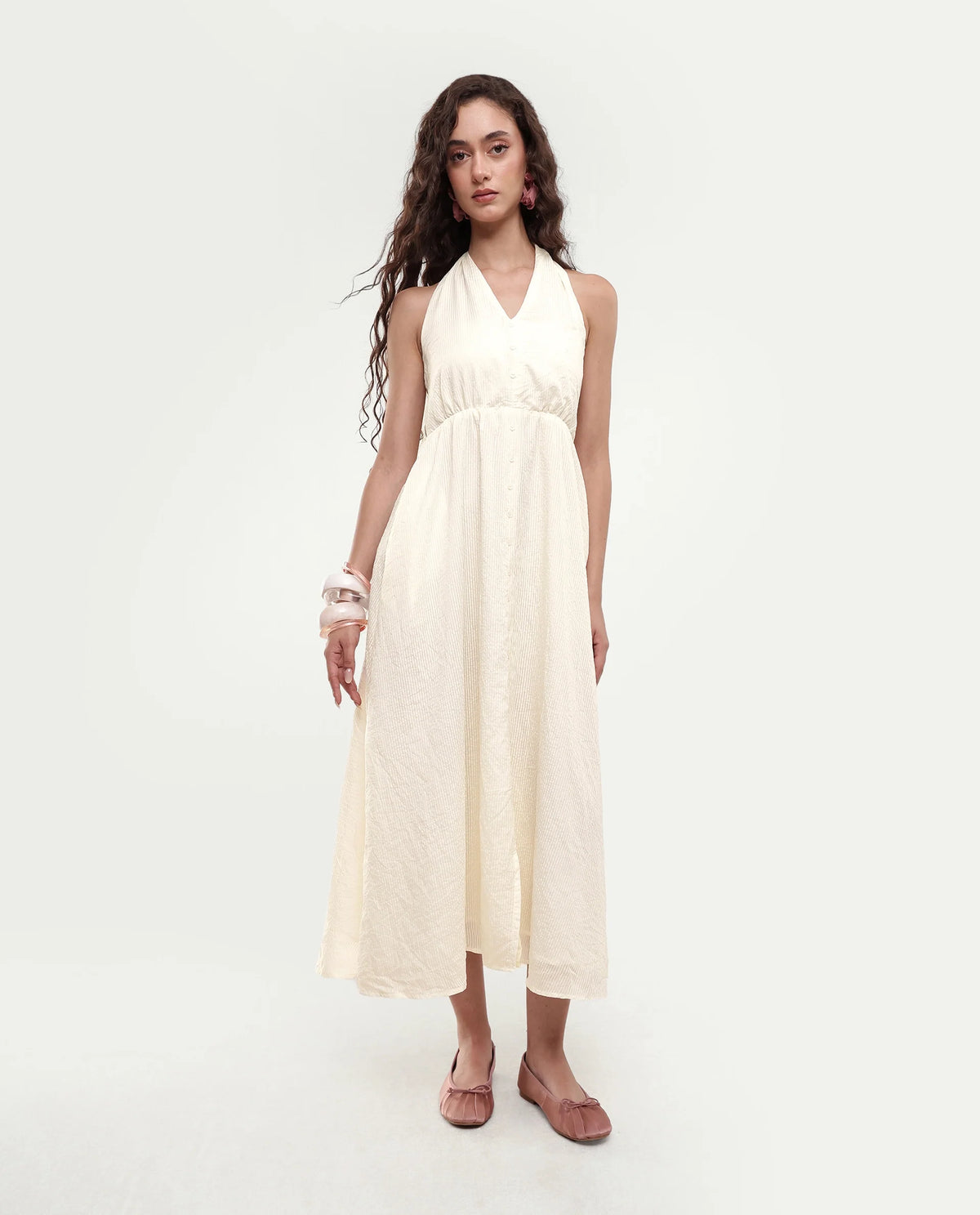 Rareism Women's Domaxa Off White Plain Viscose Blend Fit And Flare Sleeveless Dress
