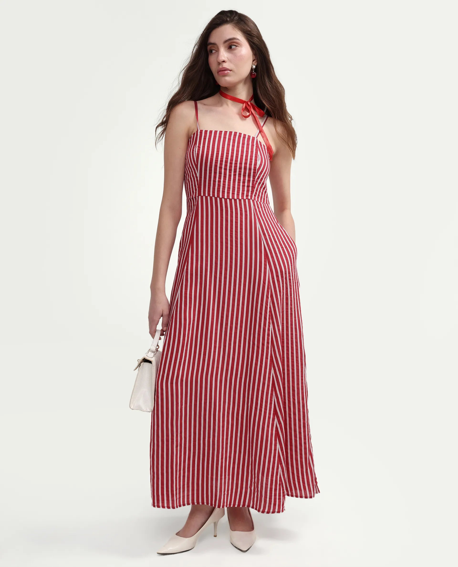 Rareism Women's Domtu Red Viscose Blend Square Button And Zip Fit And Flare Striped Dress