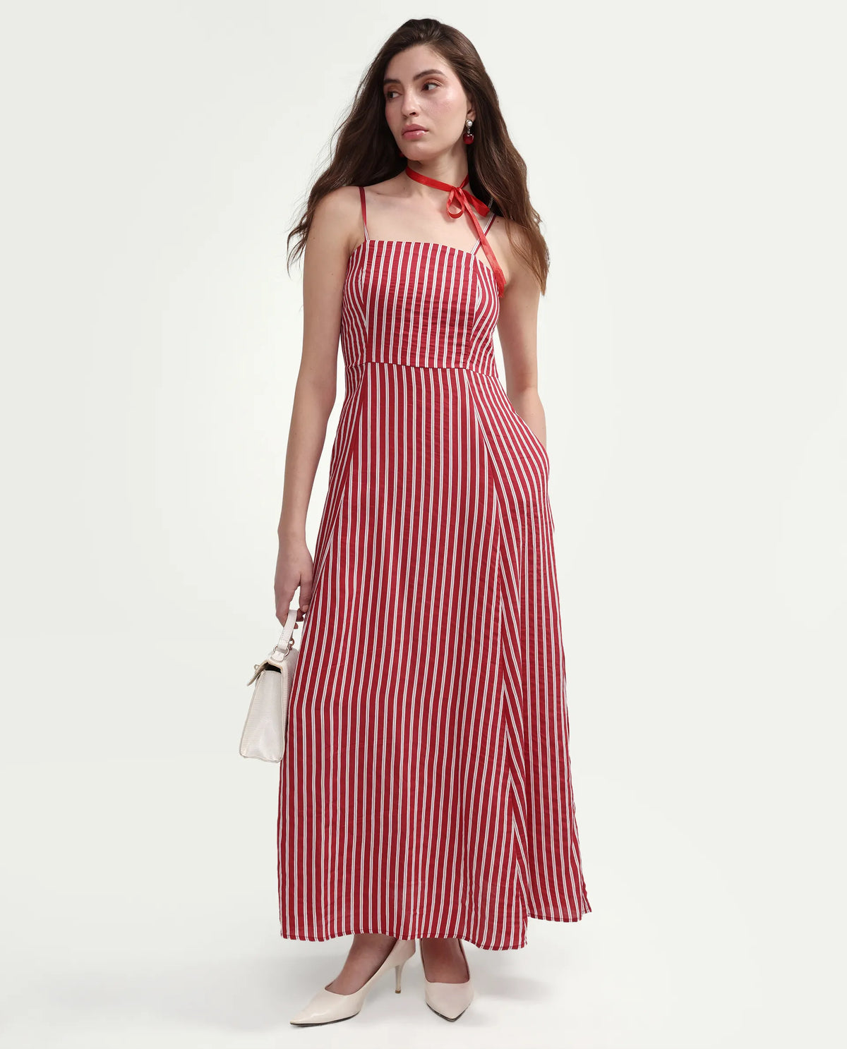 Rareism Women's Domtu Red Viscose Blend Square Button And Zip Fit And Flare Striped Dress