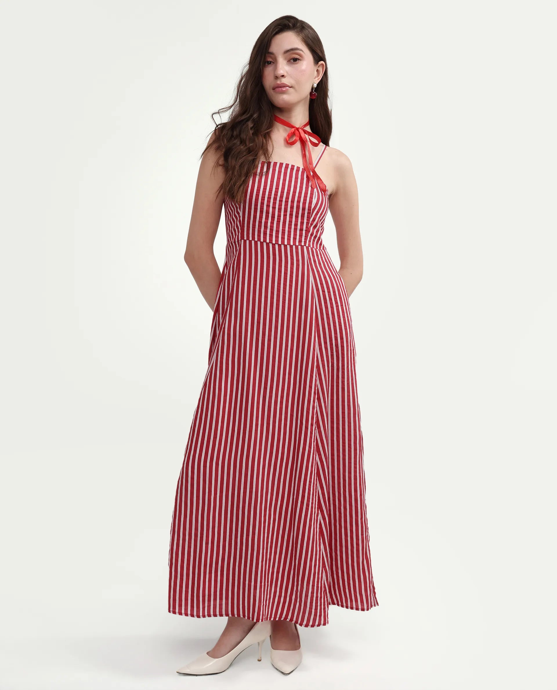 Rareism Women's Domtu Red Viscose Blend Square Button And Zip Fit And Flare Striped Dress