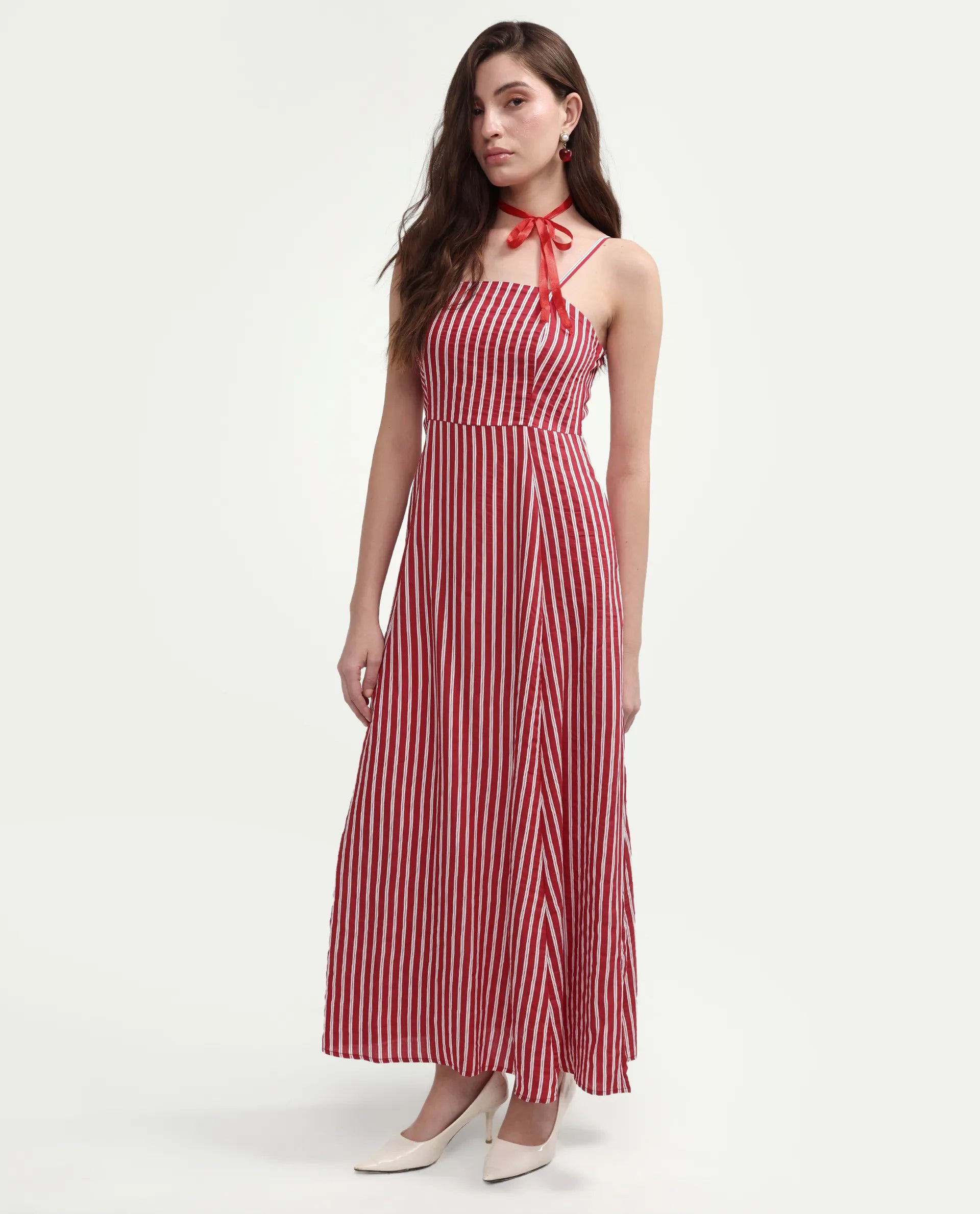 Rareism Women's Domtu Red Viscose Blend Square Button And Zip Fit And Flare Striped Dress