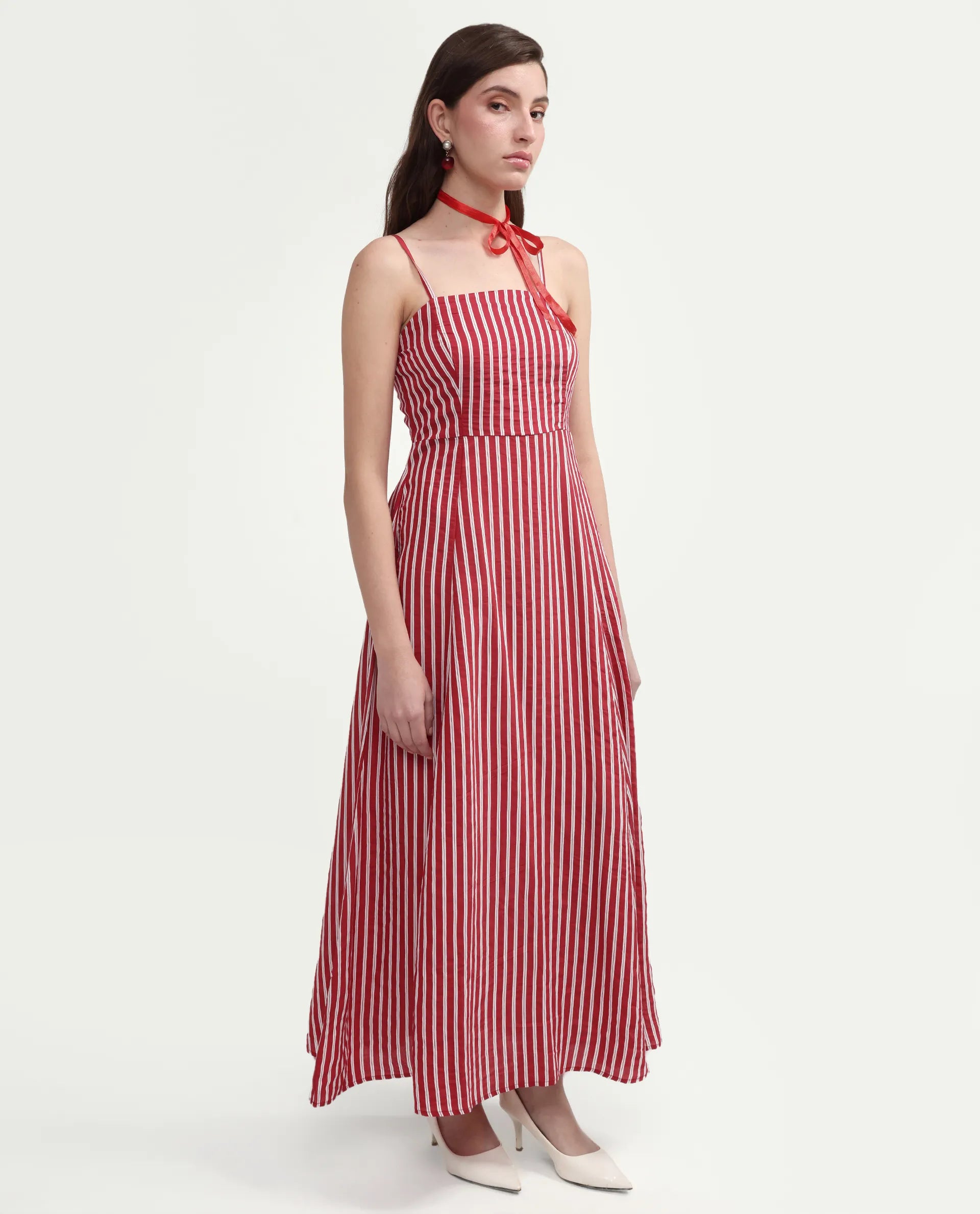 Rareism Women's Domtu Red Viscose Blend Square Button And Zip Fit And Flare Striped Dress