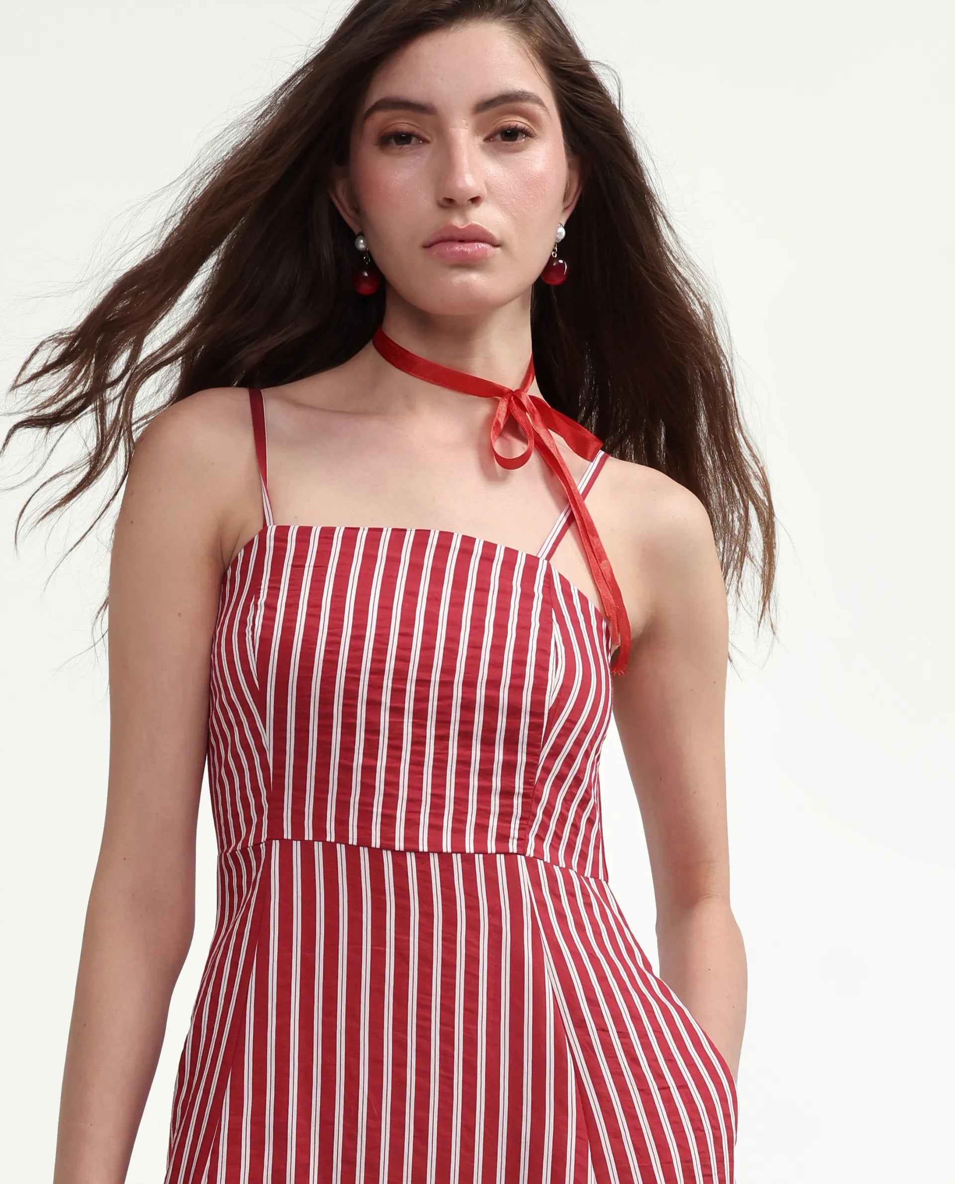 Rareism Women's Domtu Red Viscose Blend Square Button And Zip Fit And Flare Striped Dress