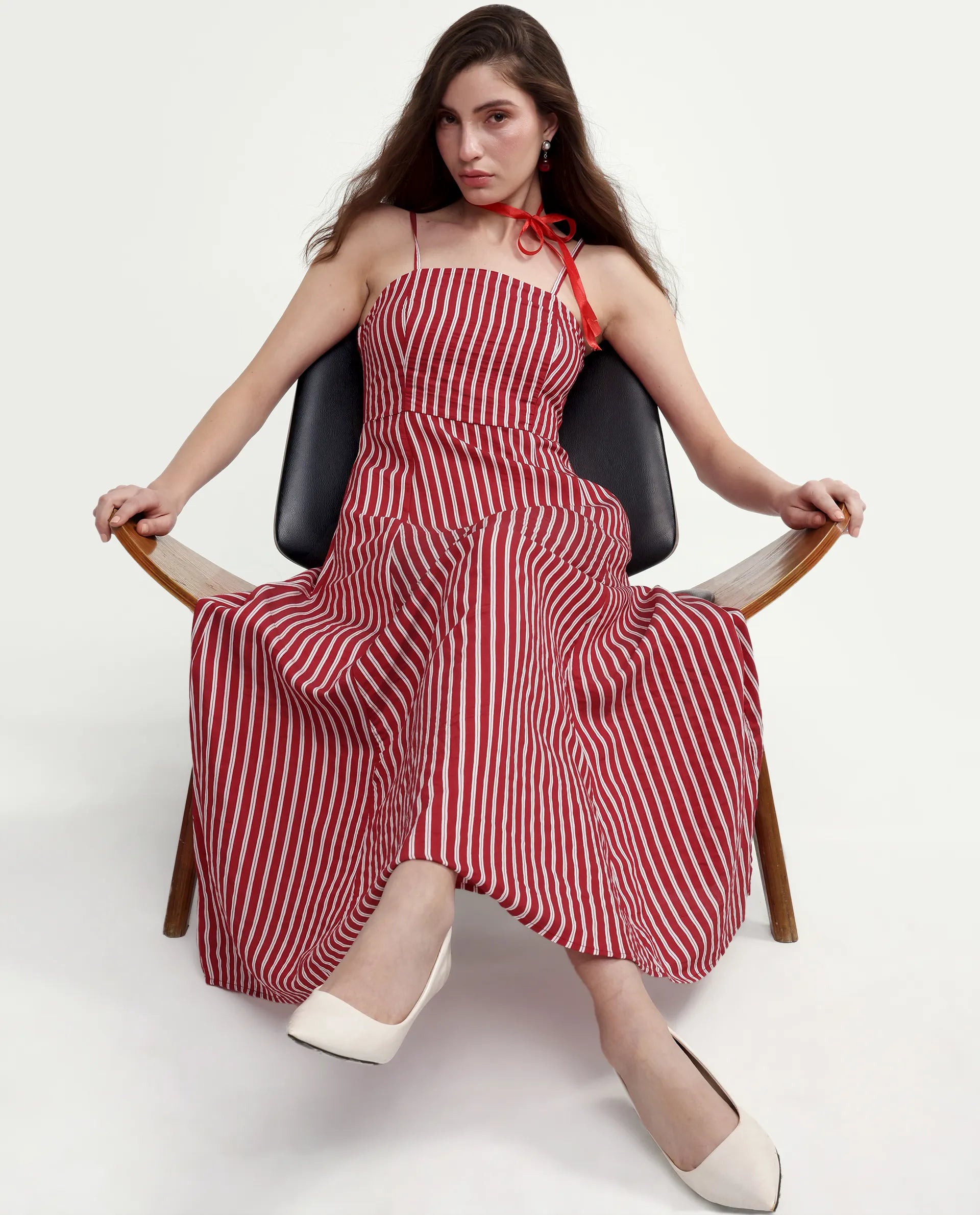 Rareism Women's Domtu Red Viscose Blend Square Button And Zip Fit And Flare Striped Dress