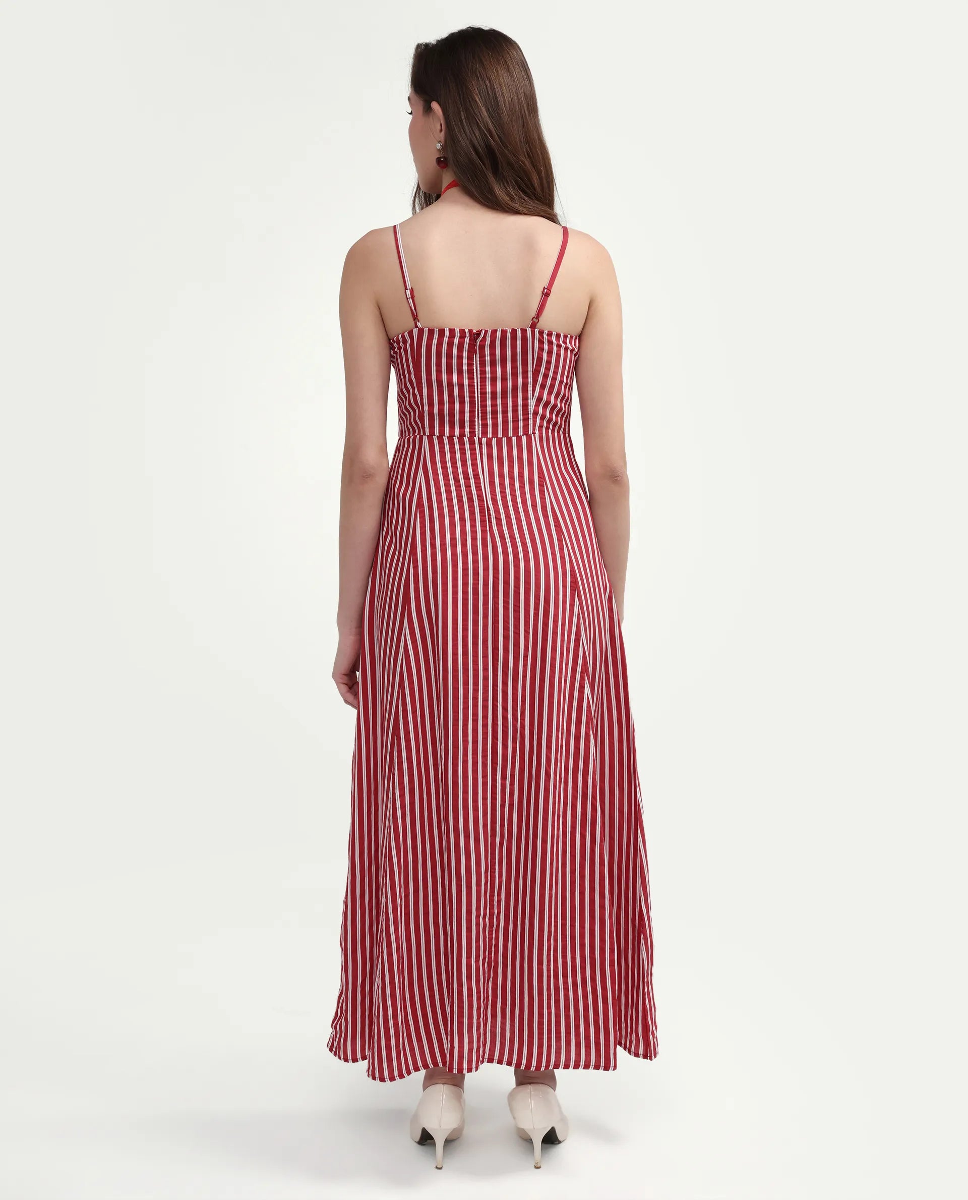 Rareism Women's Domtu Red Viscose Blend Square Button And Zip Fit And Flare Striped Dress