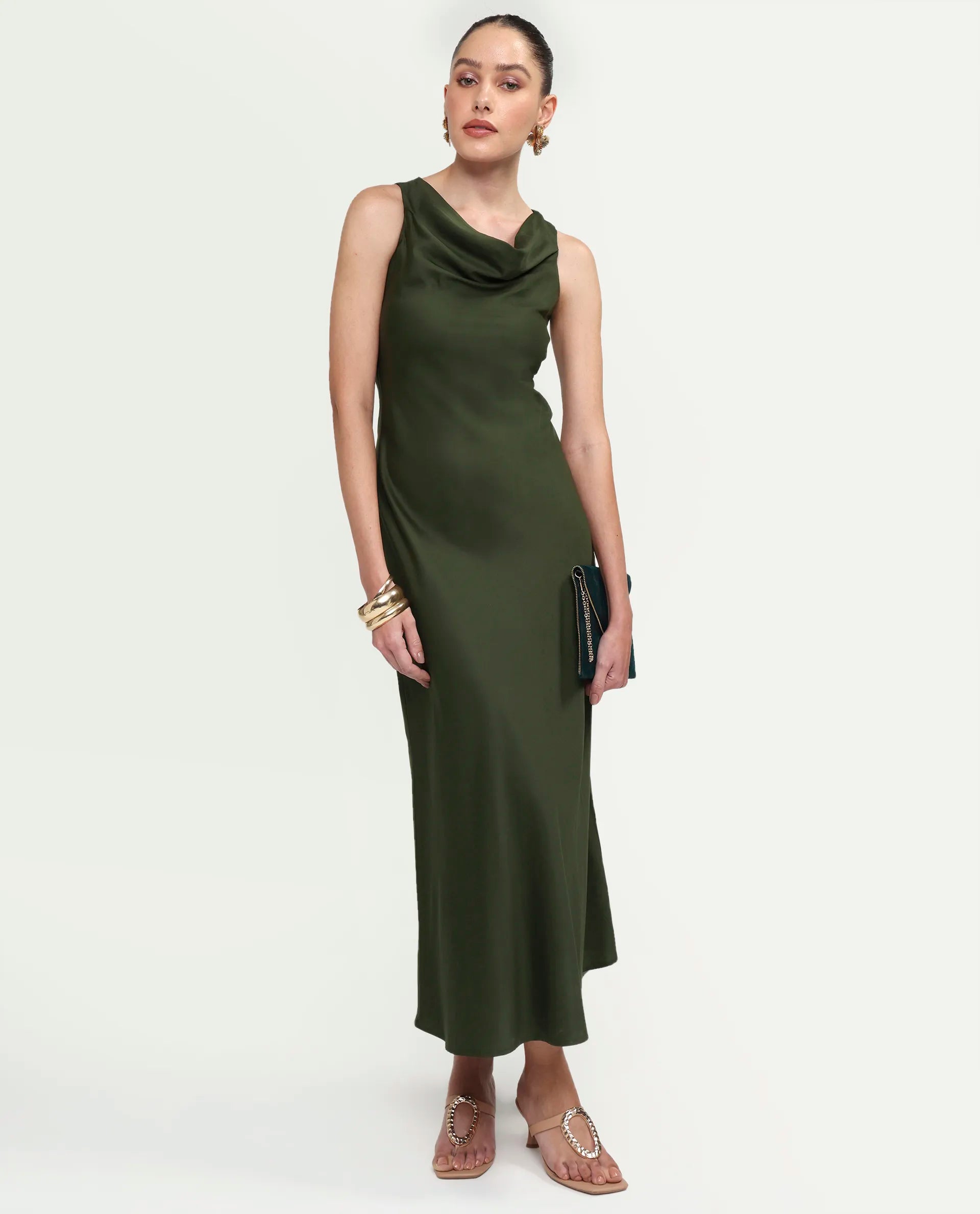 Rareism Women's Jenketss26 Olive Sleeveless Halter Neck Fit And Flare Plain Dress