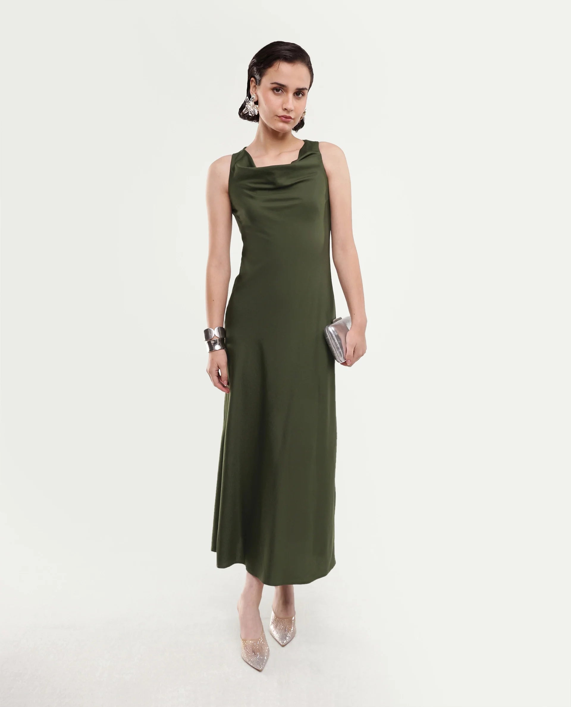Rareism Women's Jenketss26 Olive Sleeveless Halter Neck Fit And Flare Plain Dress