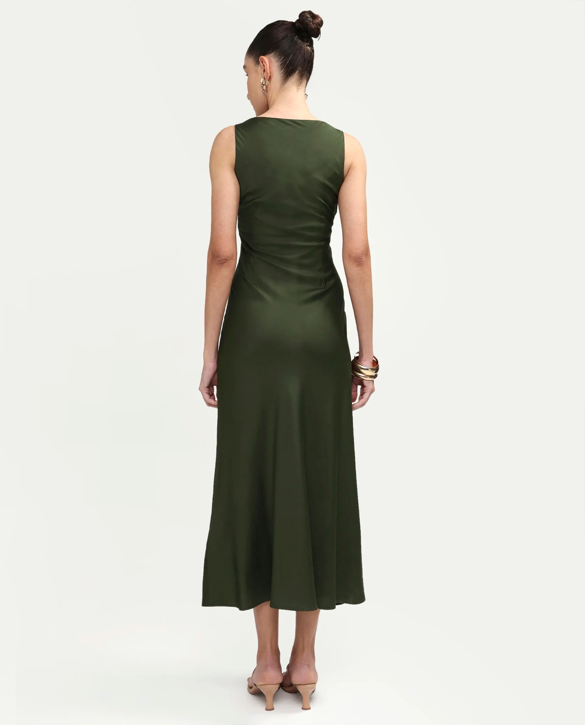 Rareism Women's Jenketss26 Olive Sleeveless Halter Neck Fit And Flare Plain Dress