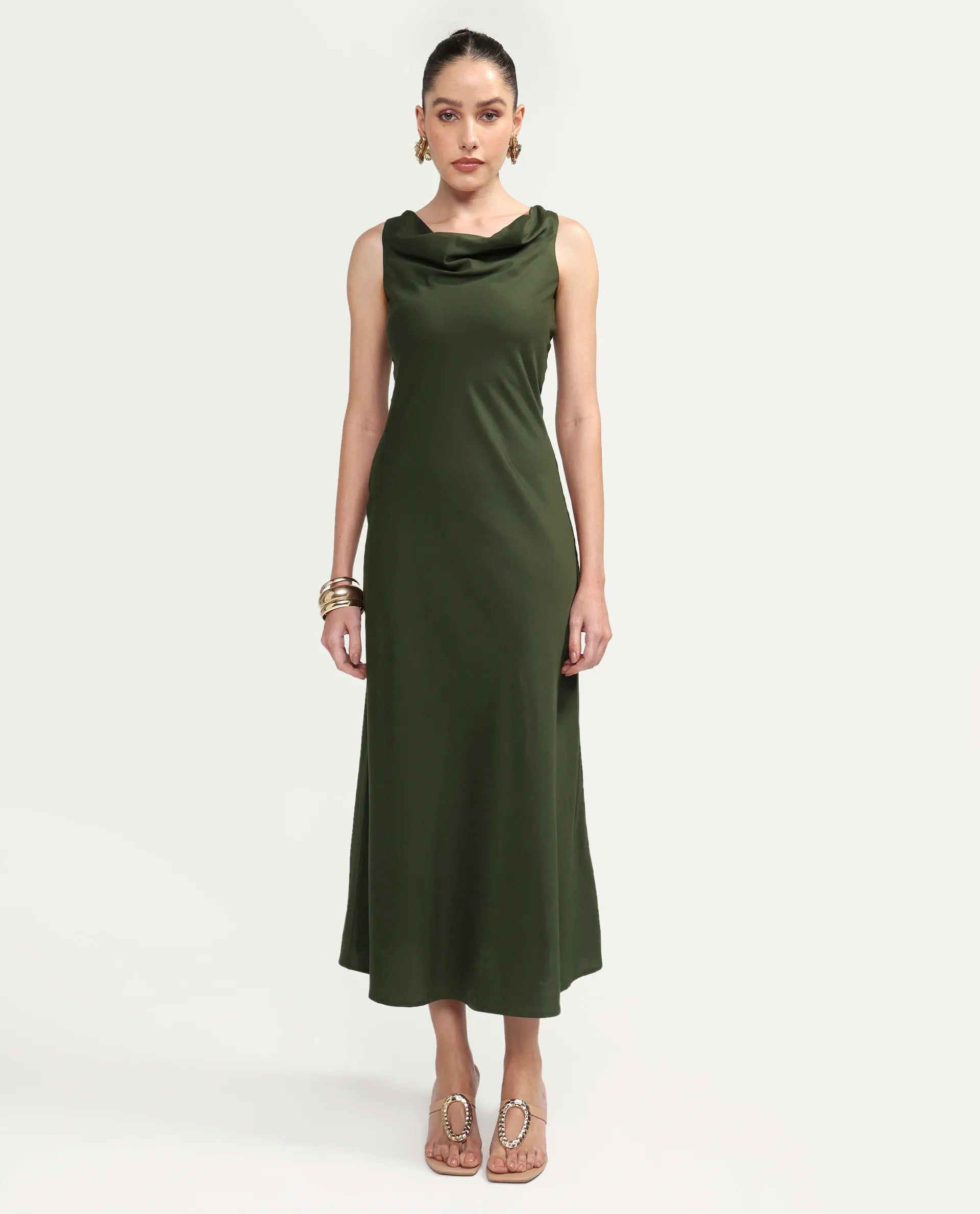 Rareism Women's Jenketss26 Olive Sleeveless Halter Neck Fit And Flare Plain Dress