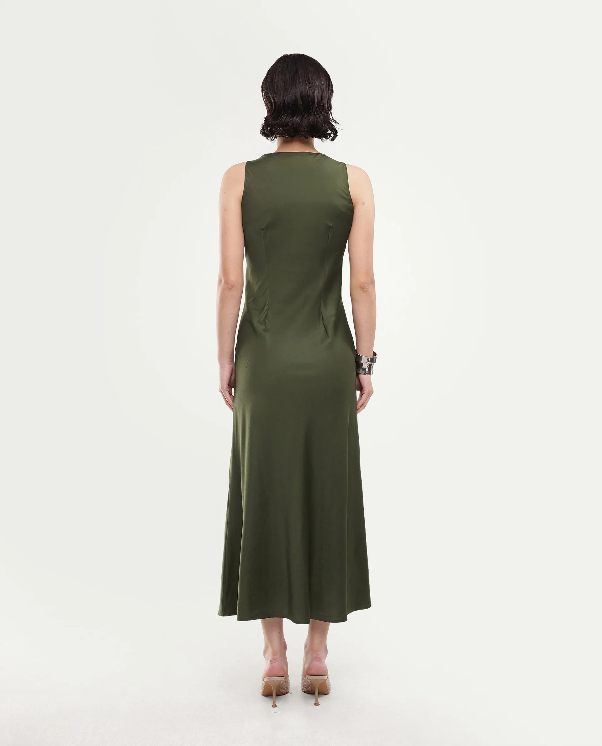 Rareism Women's Jenketss26 Olive Sleeveless Halter Neck Fit And Flare Plain Dress