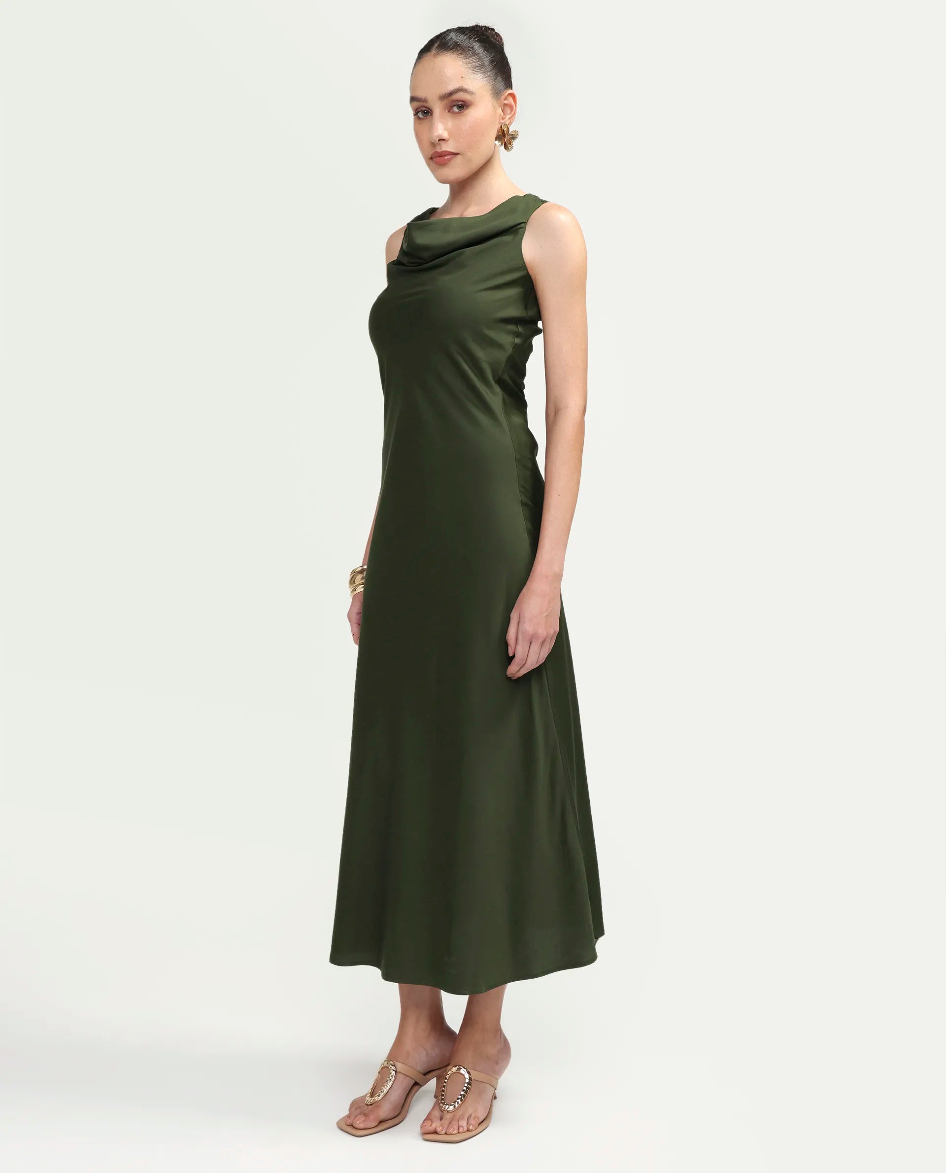 Rareism Women's Jenketss26 Olive Sleeveless Halter Neck Fit And Flare Plain Dress