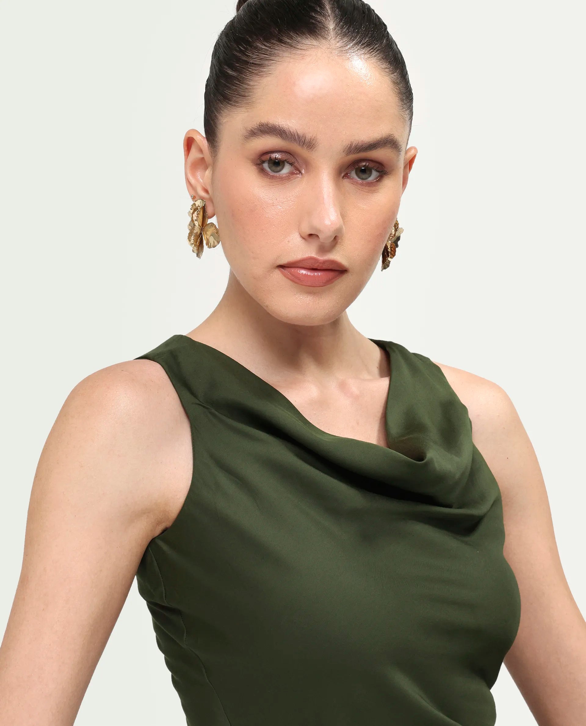 Rareism Women's Jenketss26 Olive Sleeveless Halter Neck Fit And Flare Plain Dress