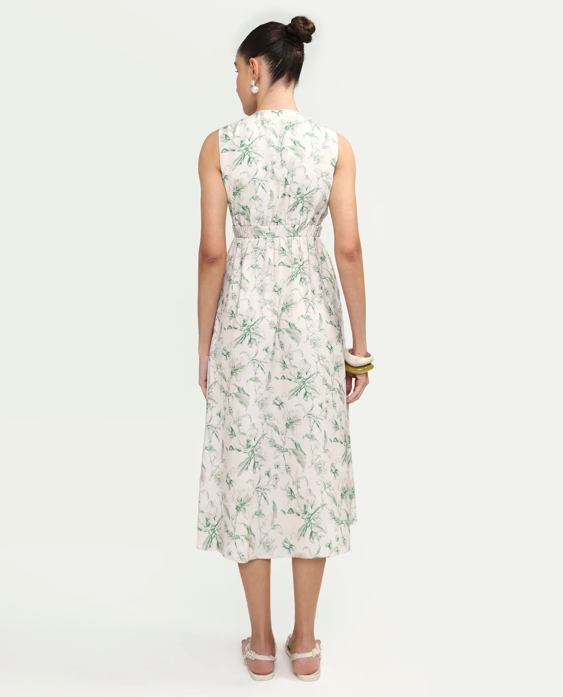 Rareism Women's Eletass26 Light Green Sleeveless V-Neck A-Line Printed Dress