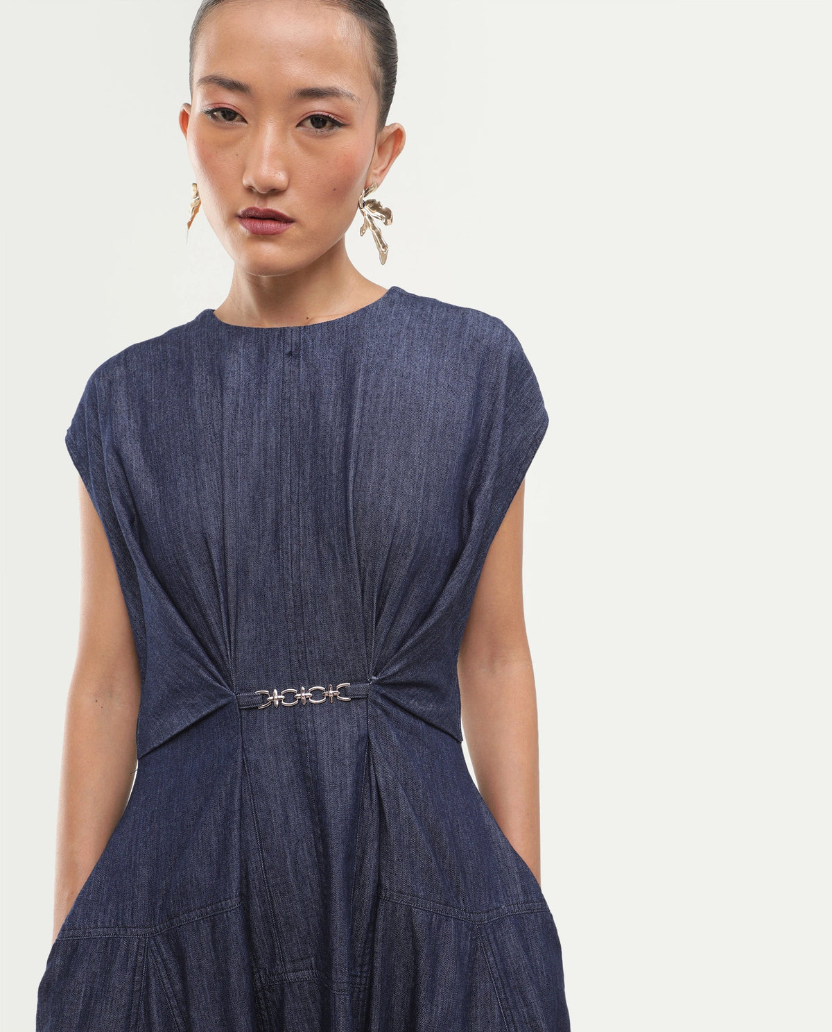 Rareism Women's Delos Dark Blue Cotton Crew Neck Button And Zip Fit And Flare Plain Dress