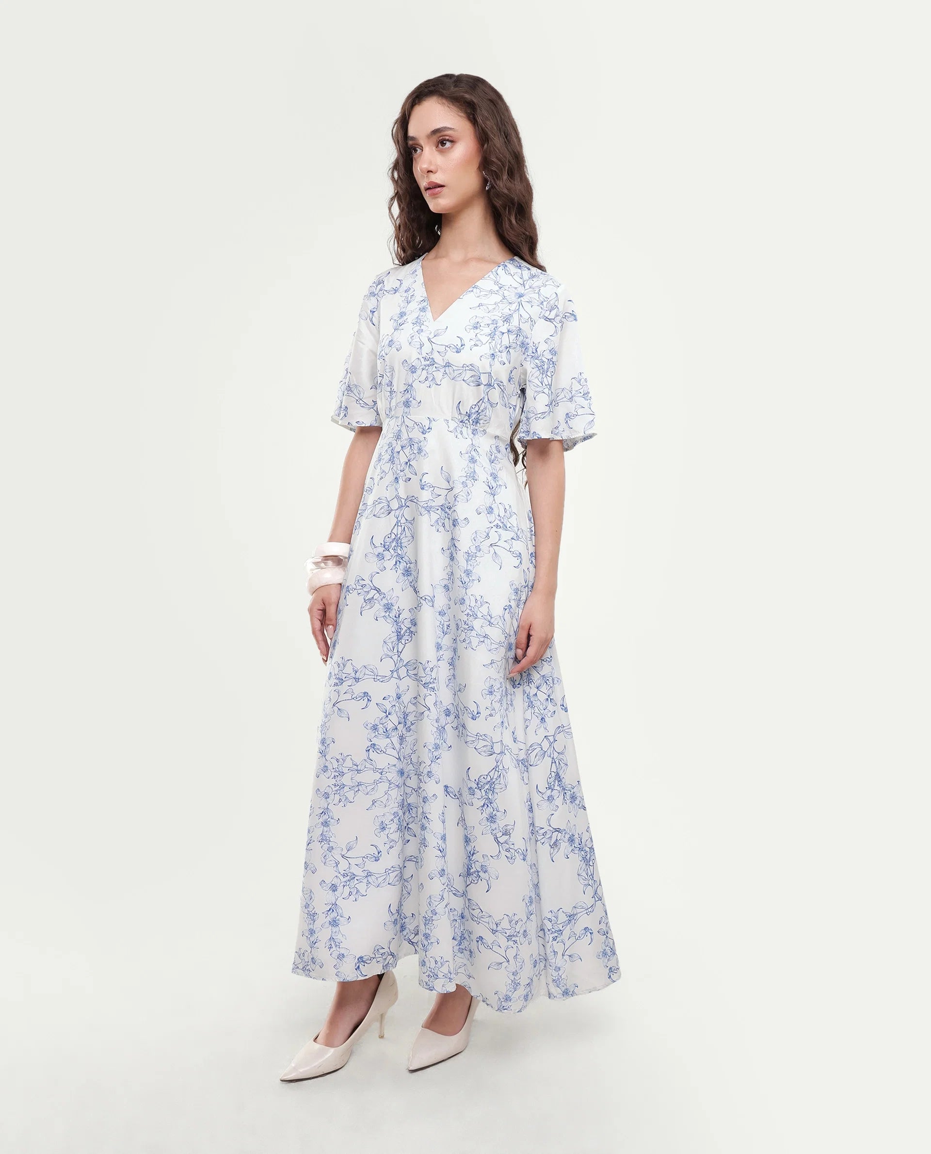Rareism Women's Kamahe Off White Cotton Blend V-Neck Pull-On Fit And Flare Ornamental Print Dress