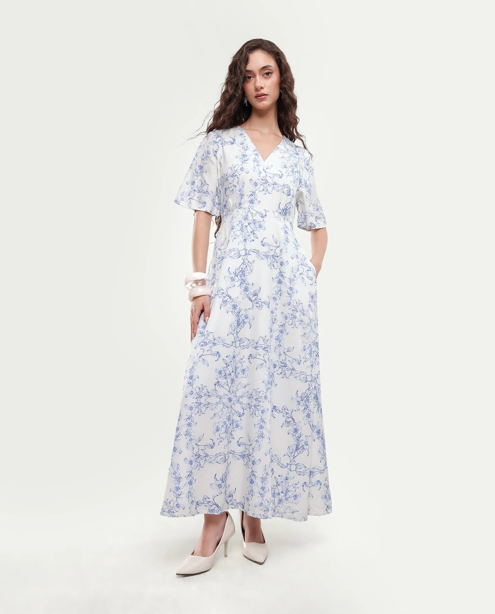 Rareism Women's Kamahe Off White Cotton Blend V-Neck Pull-On Fit And Flare Ornamental Print Dress