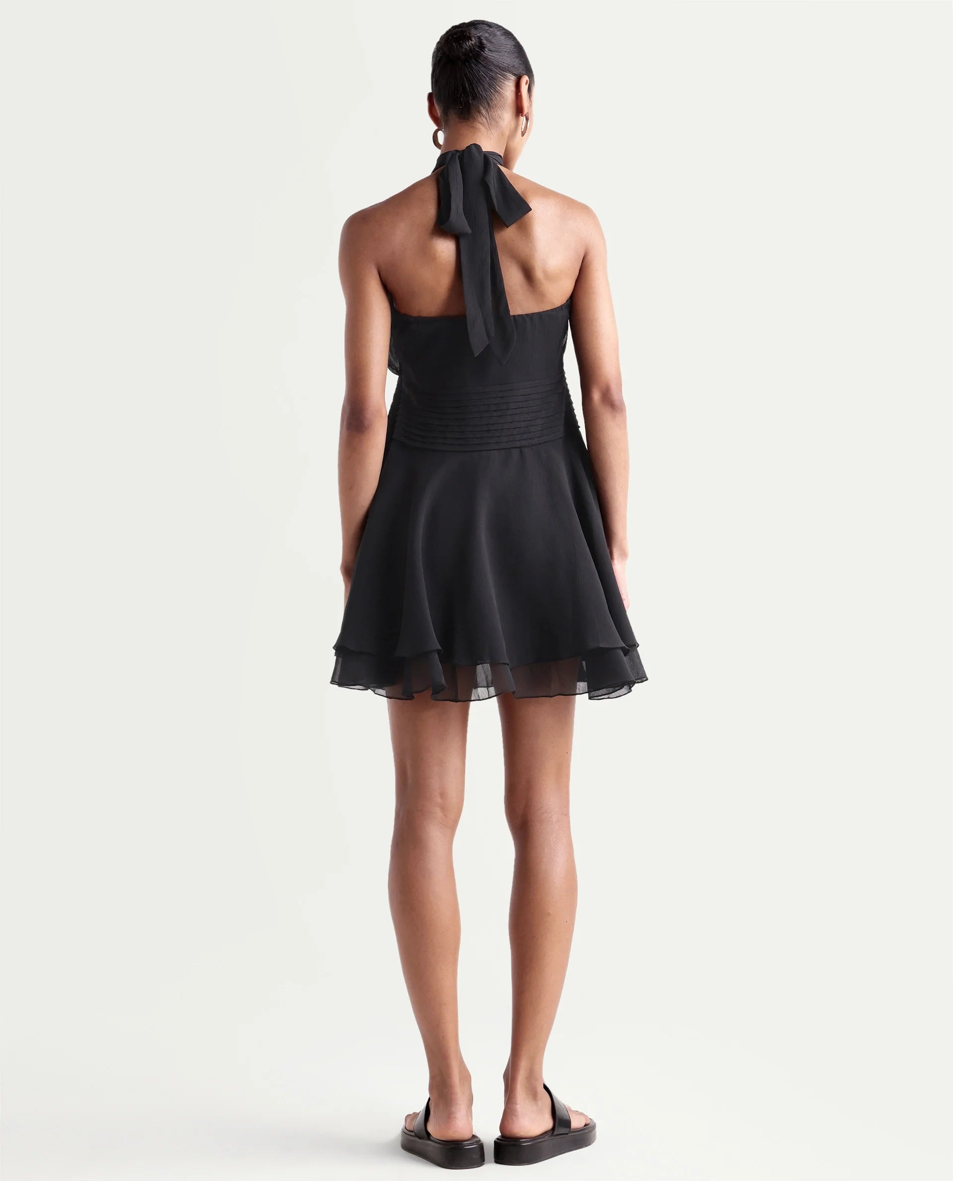 Rareism Women's Peti Black Polyester Halter Neck Button And Zip Fit And Flare Plain Dress