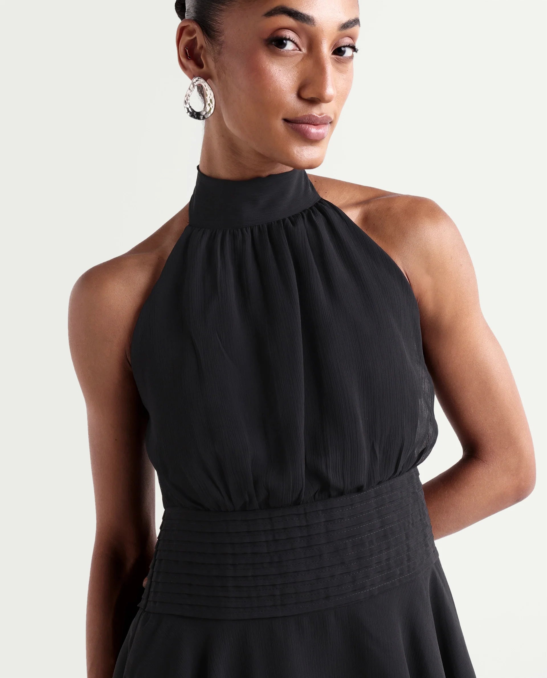 Rareism Women's Peti Black Polyester Halter Neck Button And Zip Fit And Flare Plain Dress
