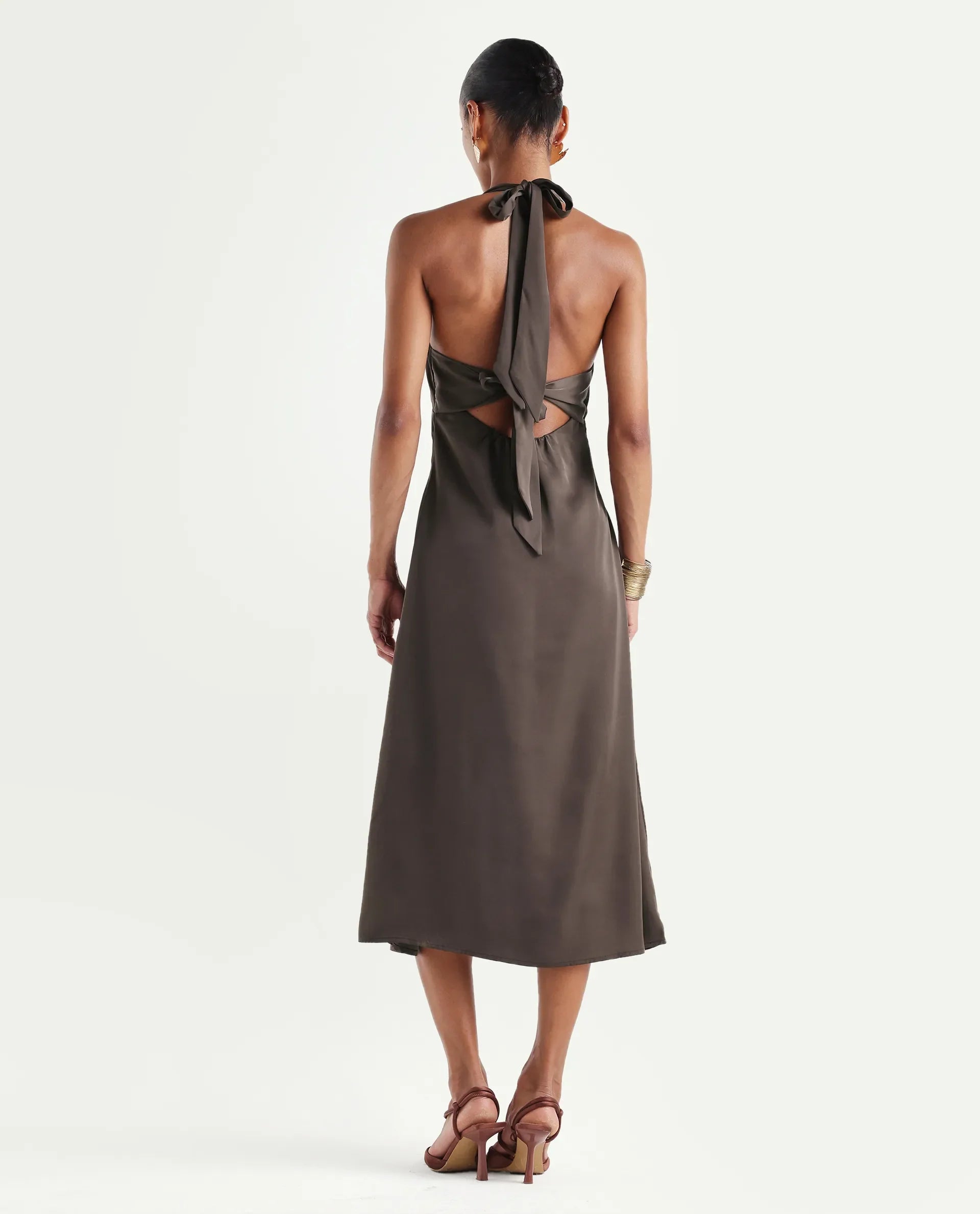 Rareism Women's Petin Brown Polyester V-Neck Elastic Fit And Flare Plain Dress