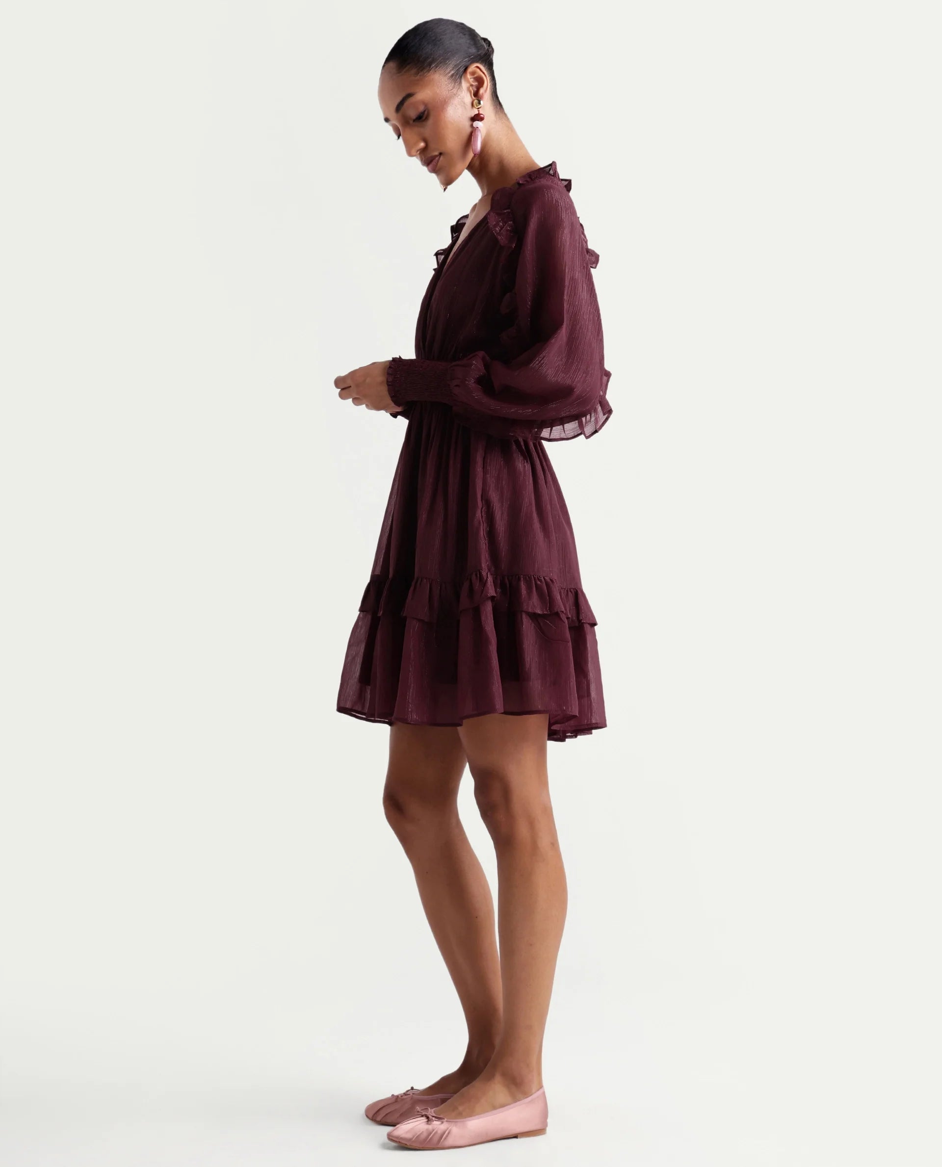 Rareism Women's Peto Maroon Polyester V-Neck Elastic Fit And Flare Plain Dress