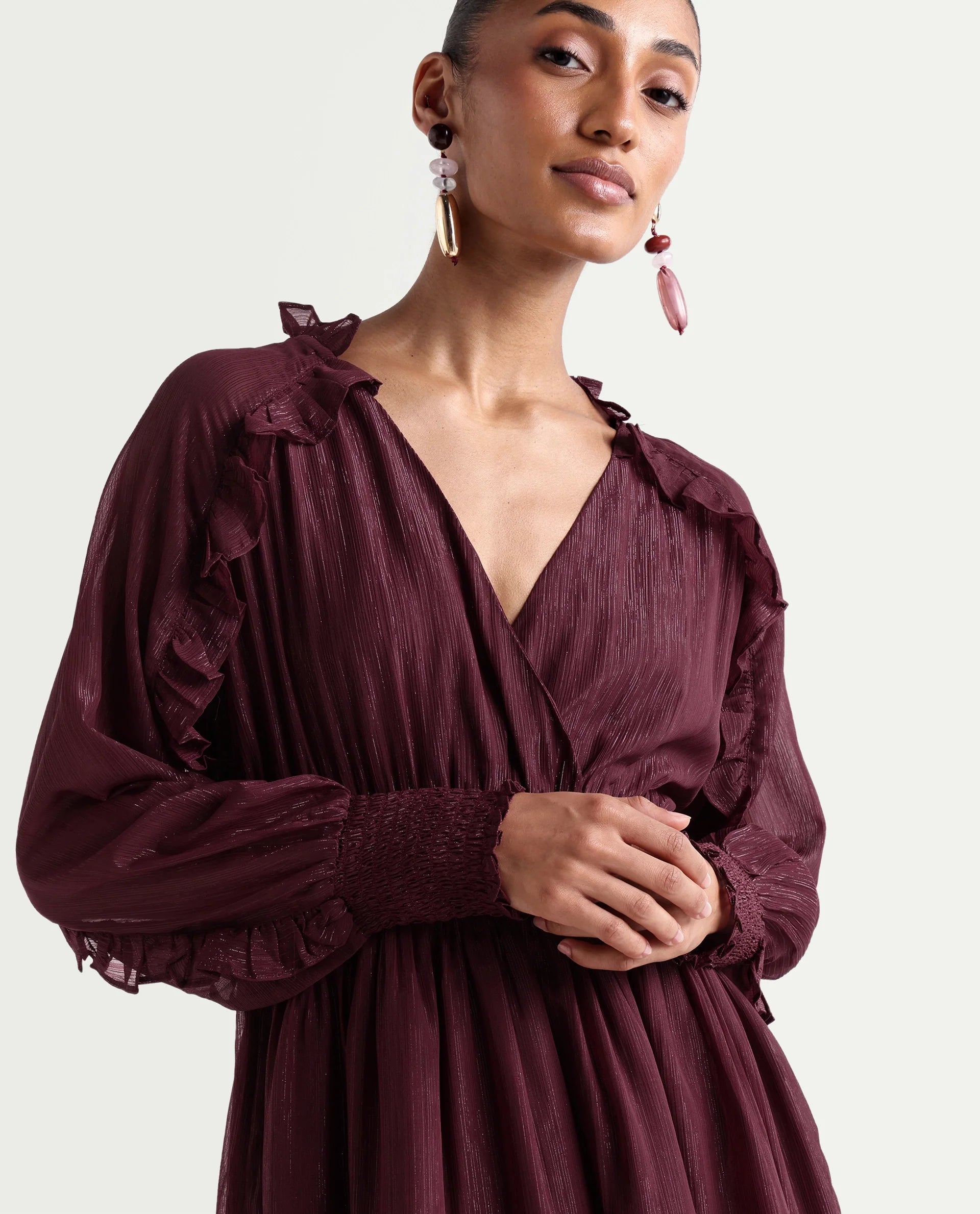 maroon flared dress Long Flared Sleeve Drape Detail Mini Bodycon Dress In Burgundy Slinky | EGO US