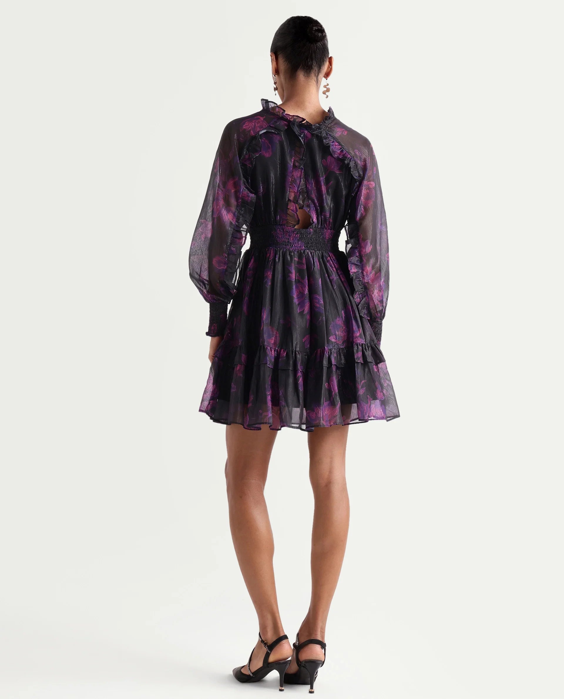 Rareism Women's Peton Black Polyester V-Neck Fit And Flare Floral Print Dress