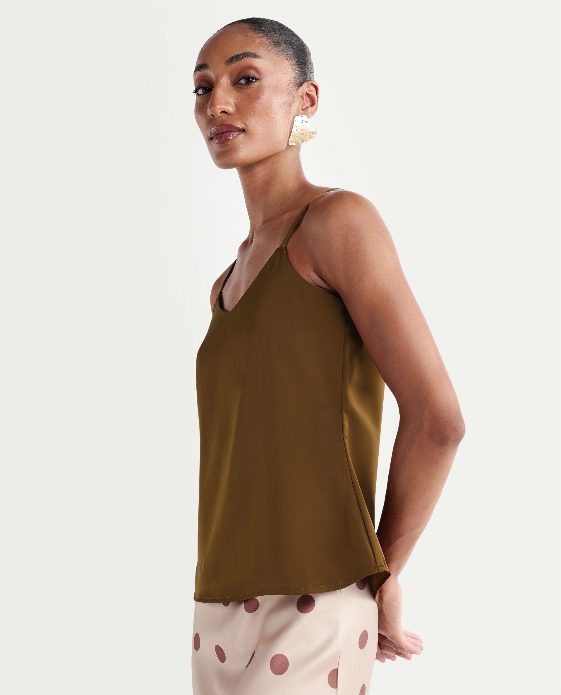 Rareism Women's Petsly Dark Gold Plain Polyester Cami Sleeveless Top