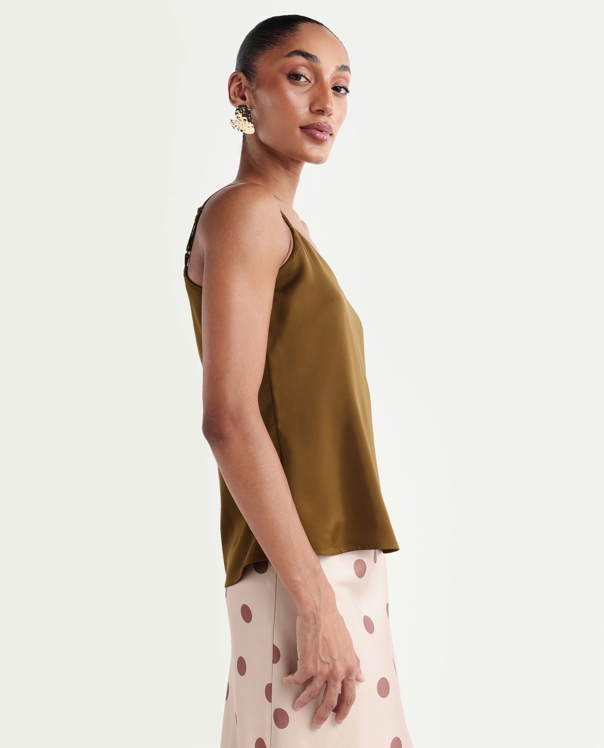 Rareism Women's Petsly Dark Gold Plain Polyester Cami Sleeveless Top