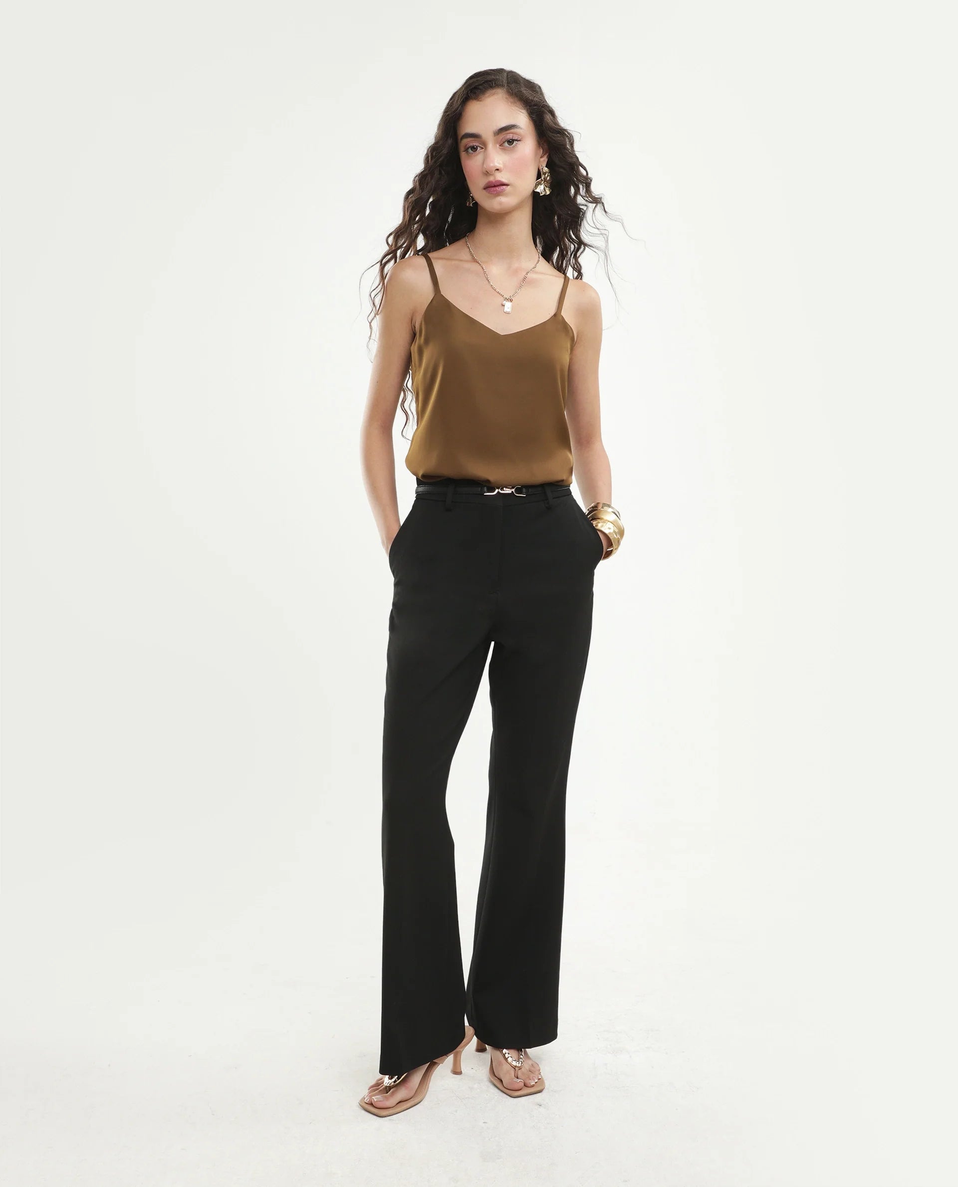 Rareism Women's Petsly Dark Gold Plain Polyester Cami Sleeveless Top