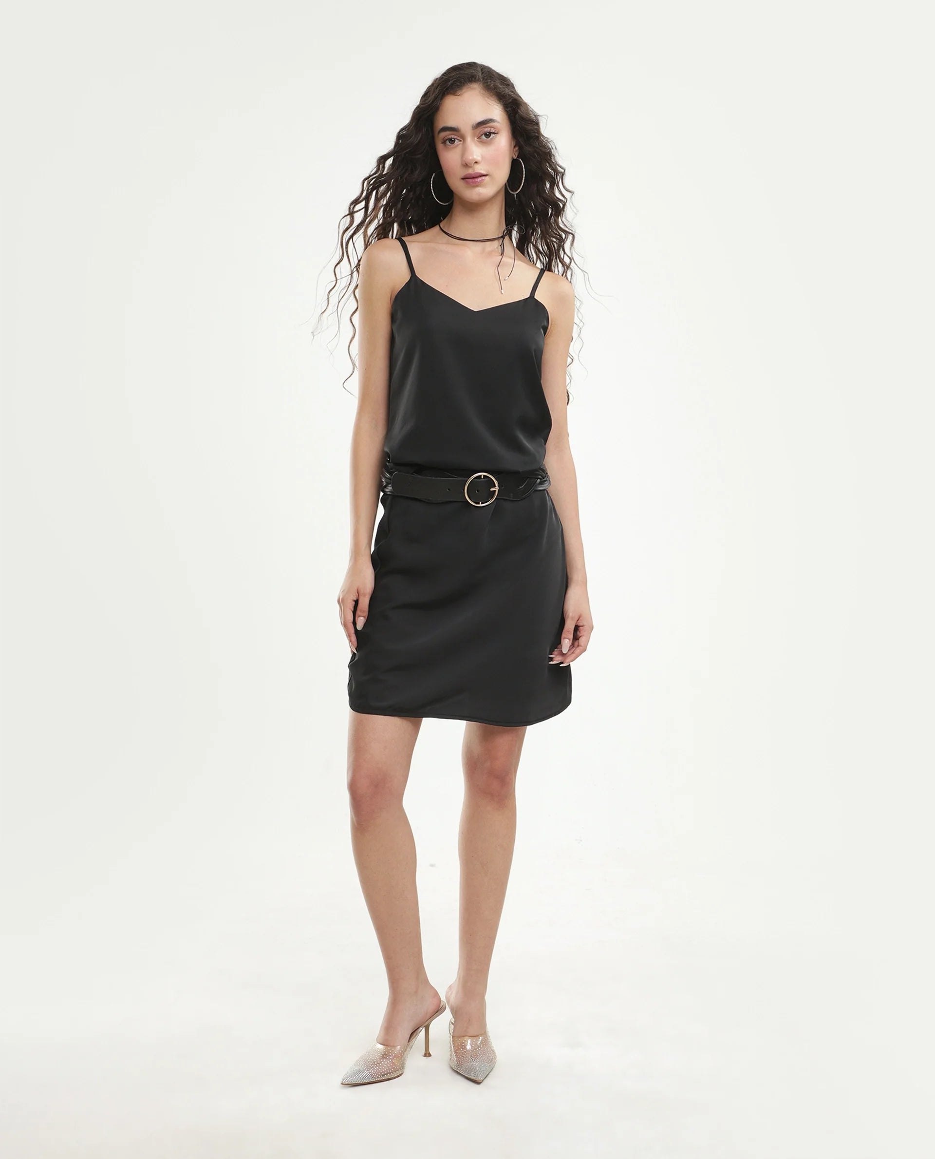 Rareism Women's Petsly Black Plain Polyester Cami Sleeveless Top