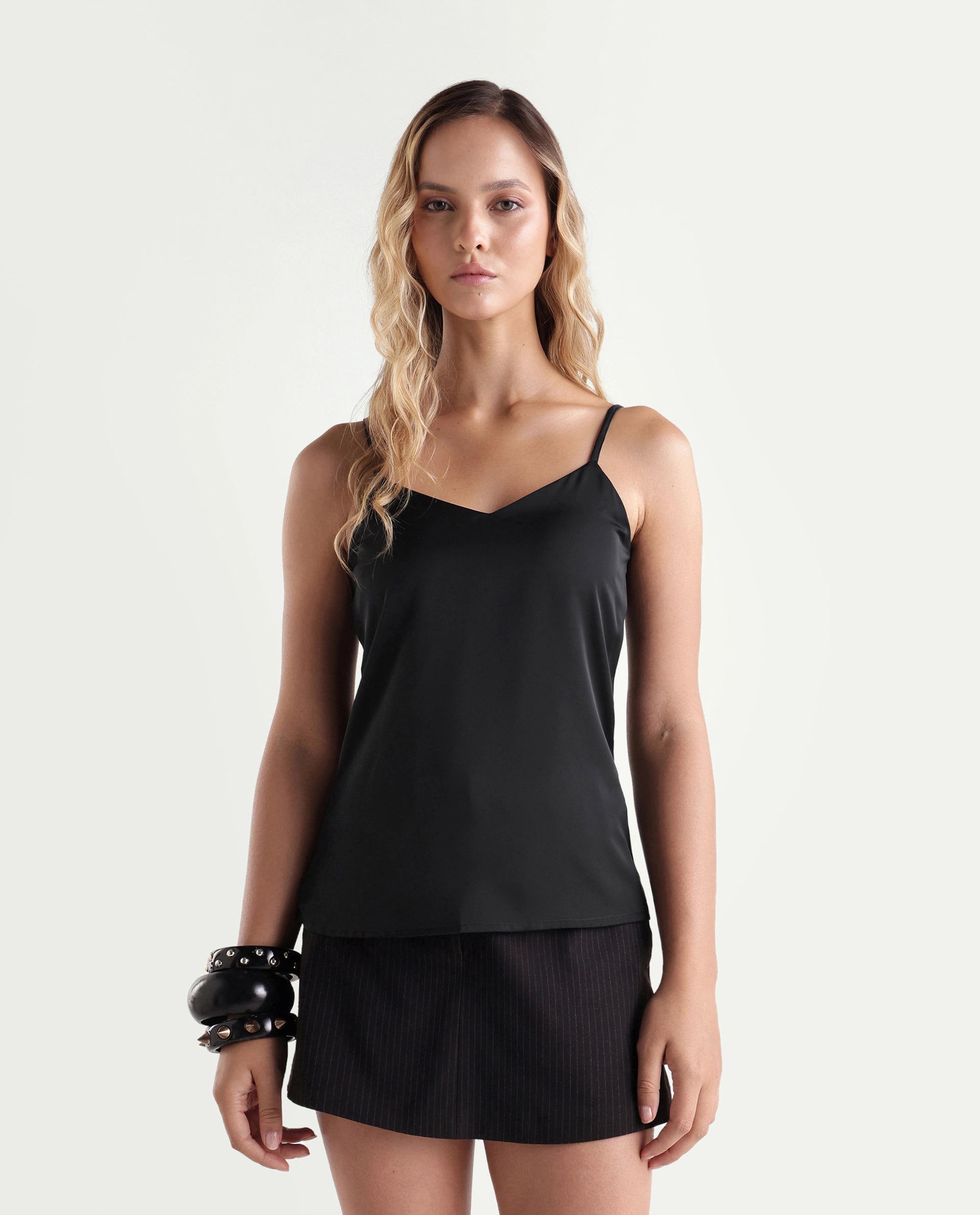 Rareism Women's Petsly Black Plain Polyester Cami Sleeveless Top