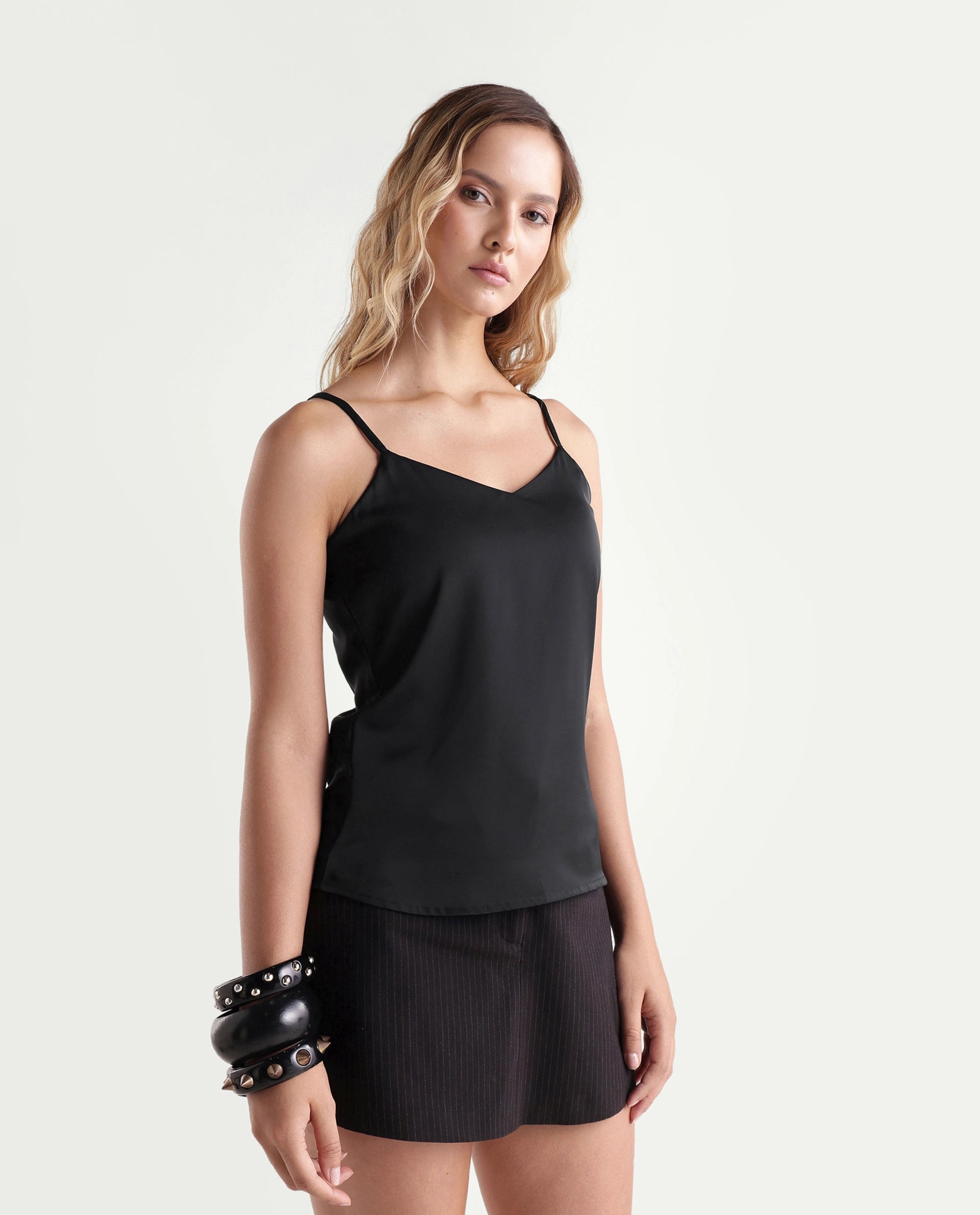Rareism Women's Petsly Black Plain Polyester Cami Sleeveless Top