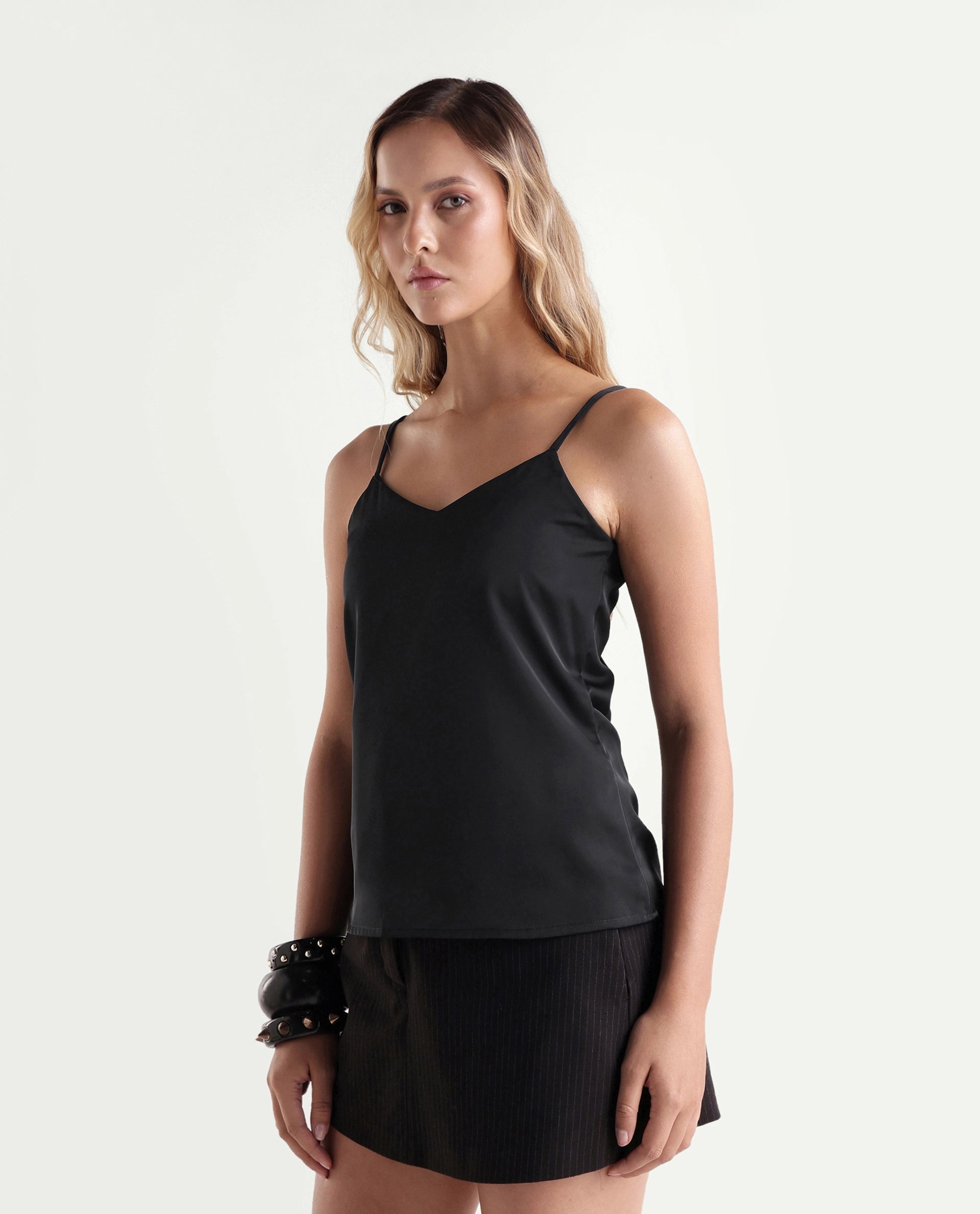 Rareism Women's Petsly Black Plain Polyester Cami Sleeveless Top