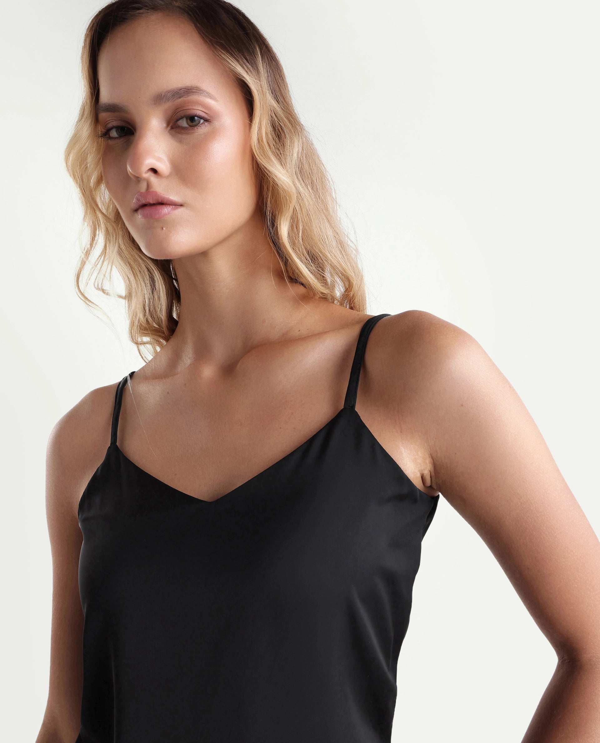 Rareism Women's Petsly Black Plain Polyester Cami Sleeveless Top
