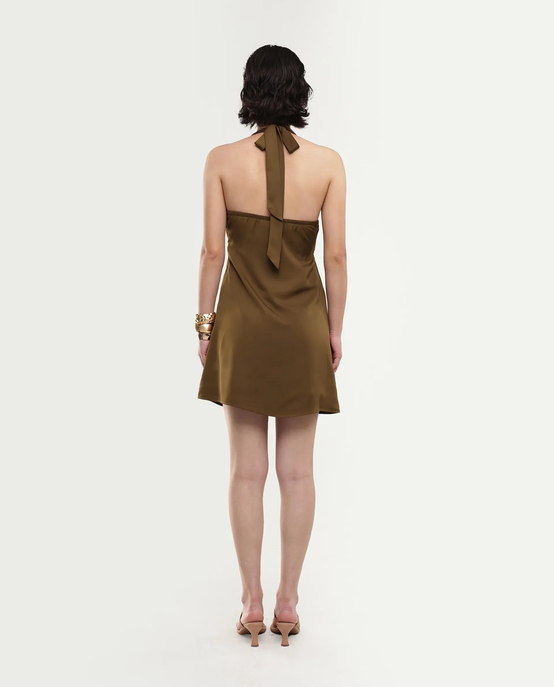Rareism Women's Petun Dark Gold Polyester Halter Neck Elastic Fitted Plain Dress