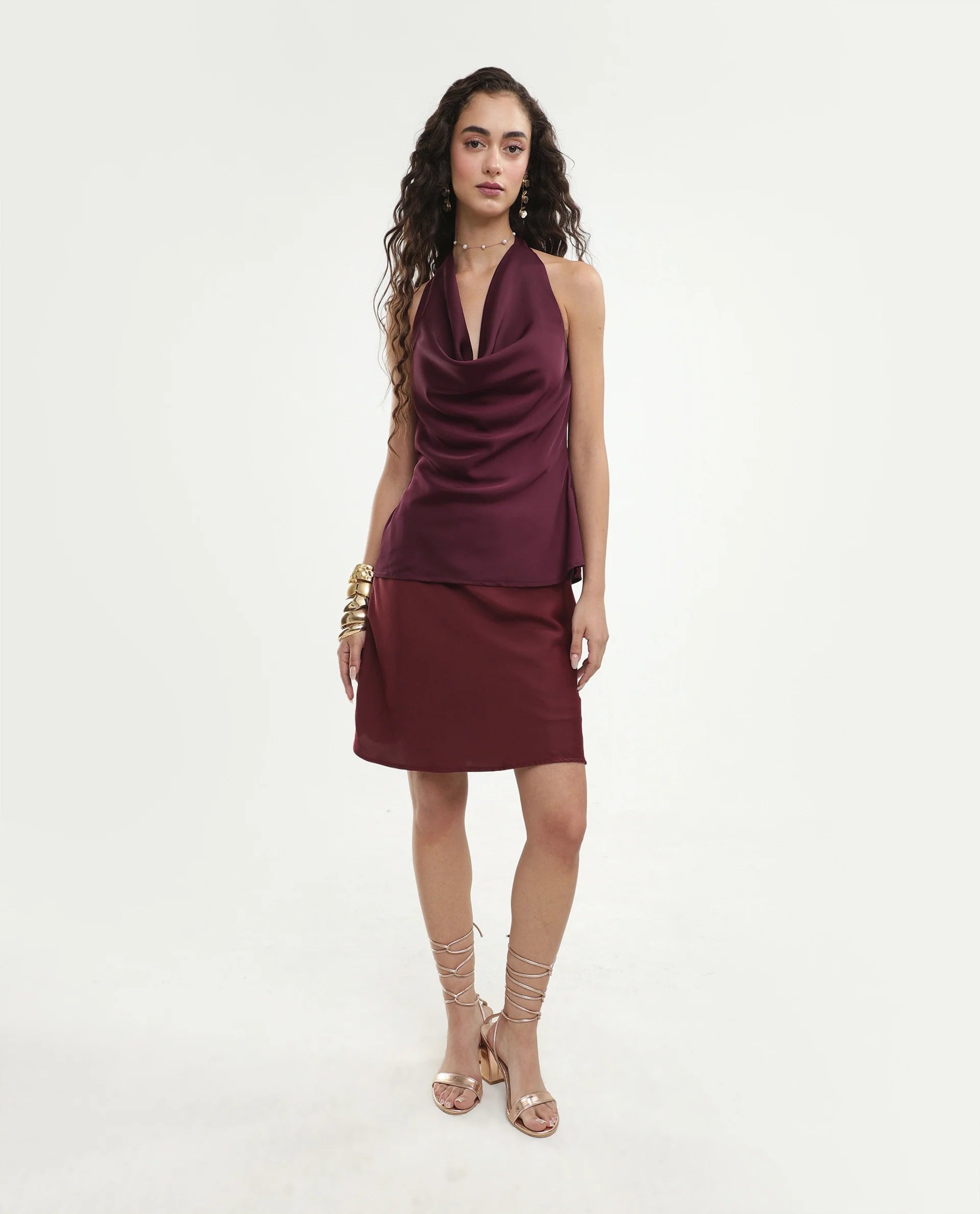 Rareism Women's Petzy Dark Maroon Polyester Cowl Neck Tie-Up Regular Plain Top