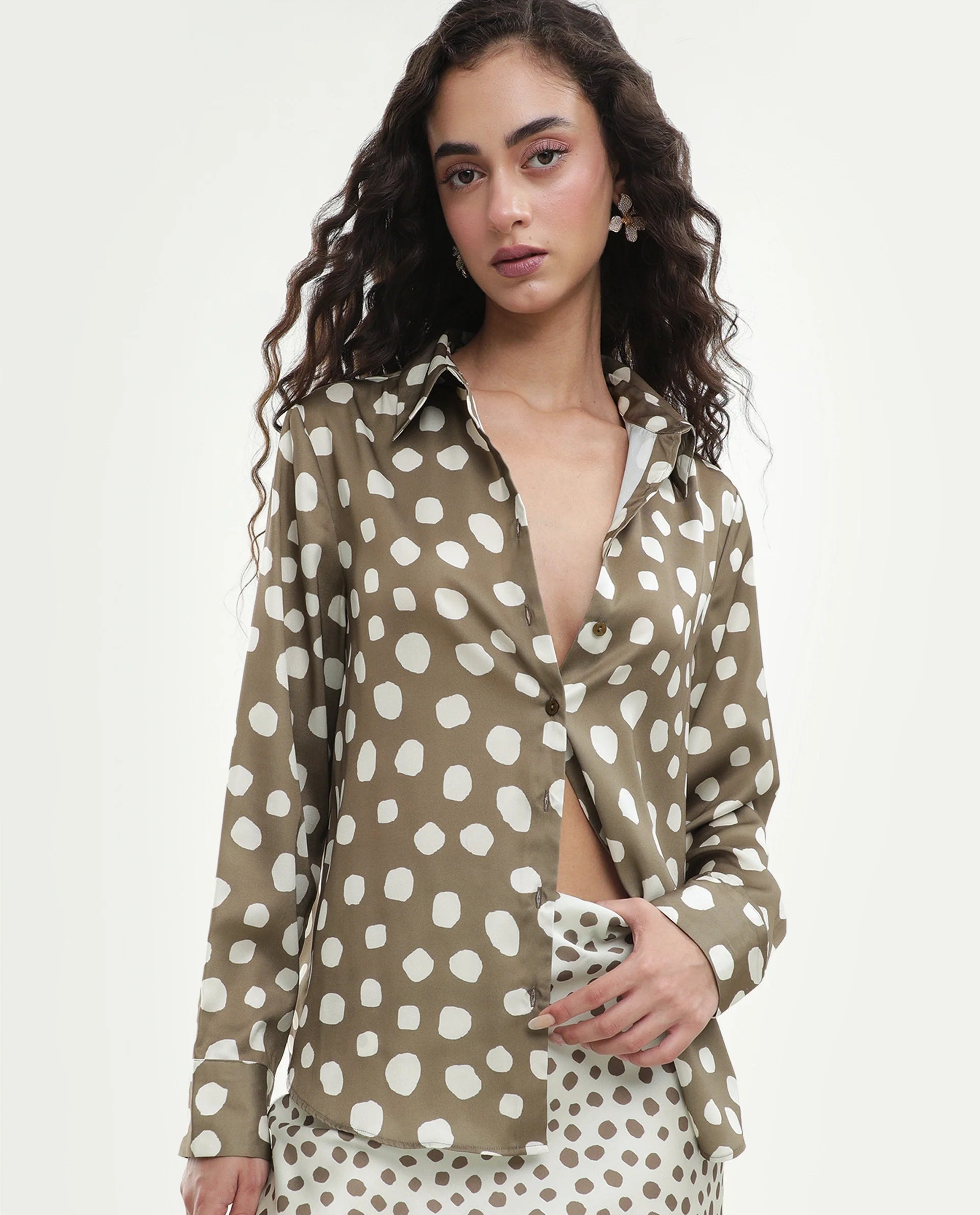 Rareism Women's Pola Beige Polyester Fabric Spread Collar Relaxed Polka Print Shirt