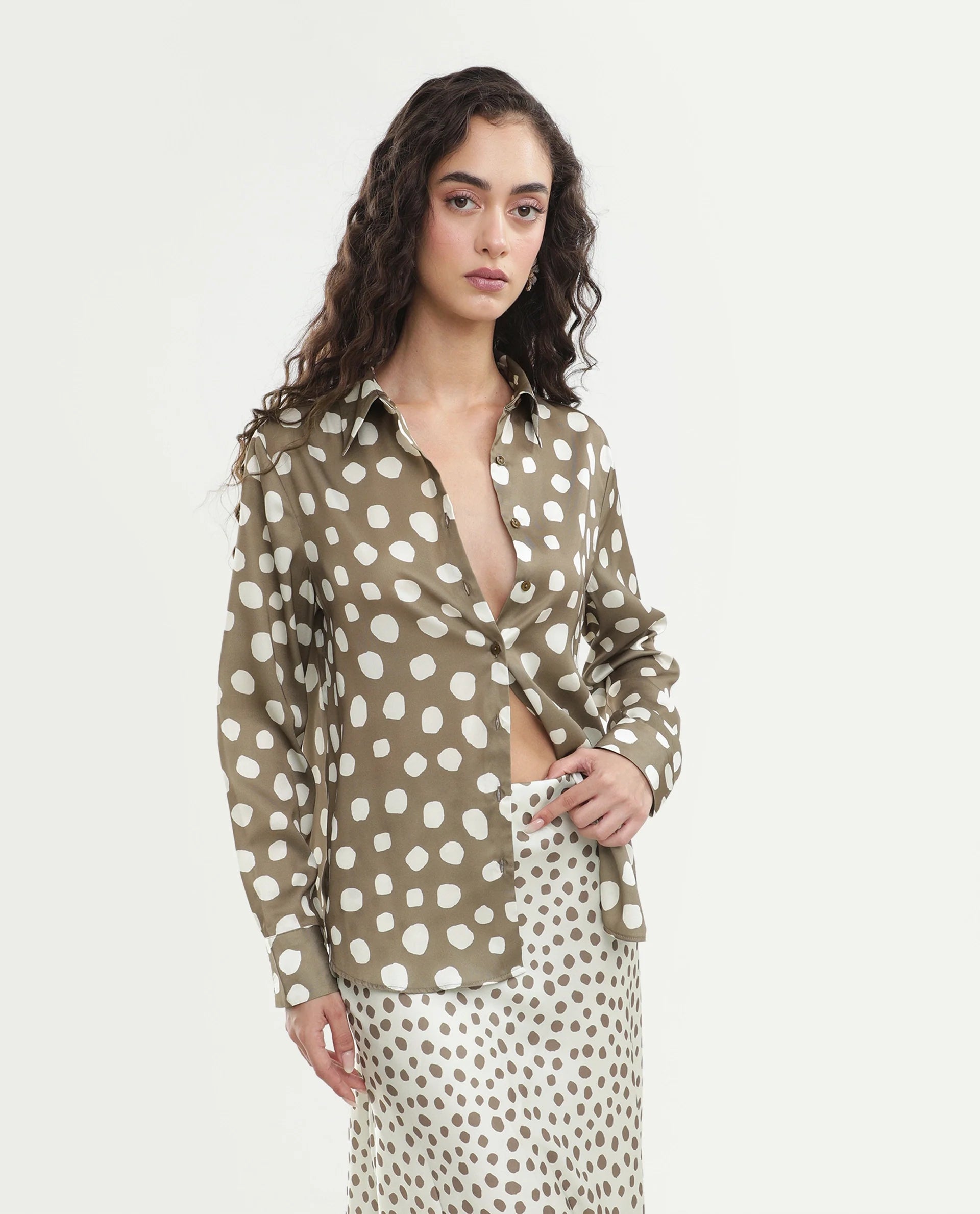 Rareism Women's Polro Olive Polka Dot Polyester Regular Fit Long Sleeve Shirt