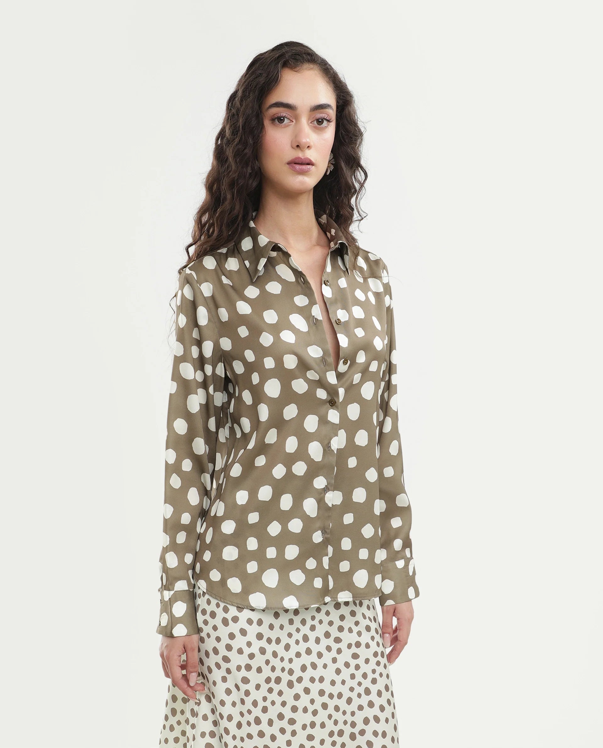 Rareism Women's Pola Beige Polyester Fabric Spread Collar Relaxed Polka Print Shirt
