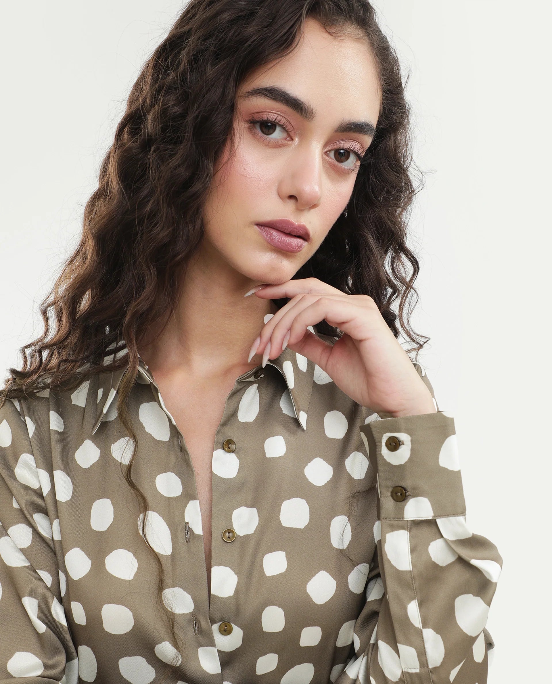 Rareism Women's Pola Beige Polyester Fabric Spread Collar Relaxed Polka Print Shirt