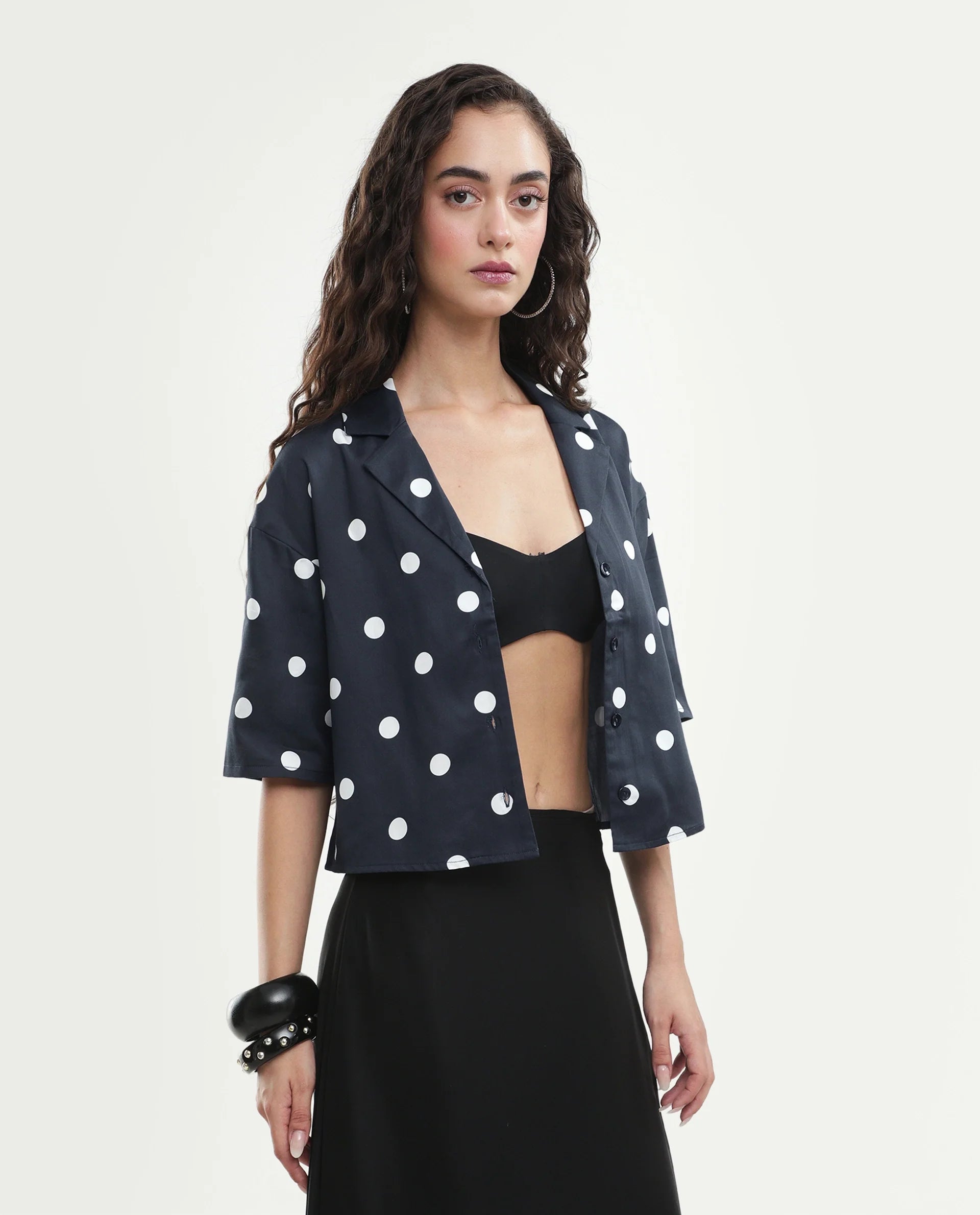Rareism Women's Polbo Black Cotton Blend Lapel Neck Button Regular Polka Print Top