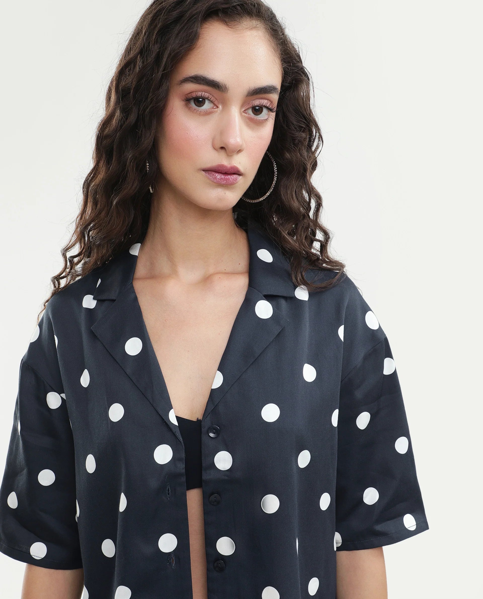 Rareism Women's Polbo Black Cotton Blend Lapel Neck Button Regular Polka Print Top
