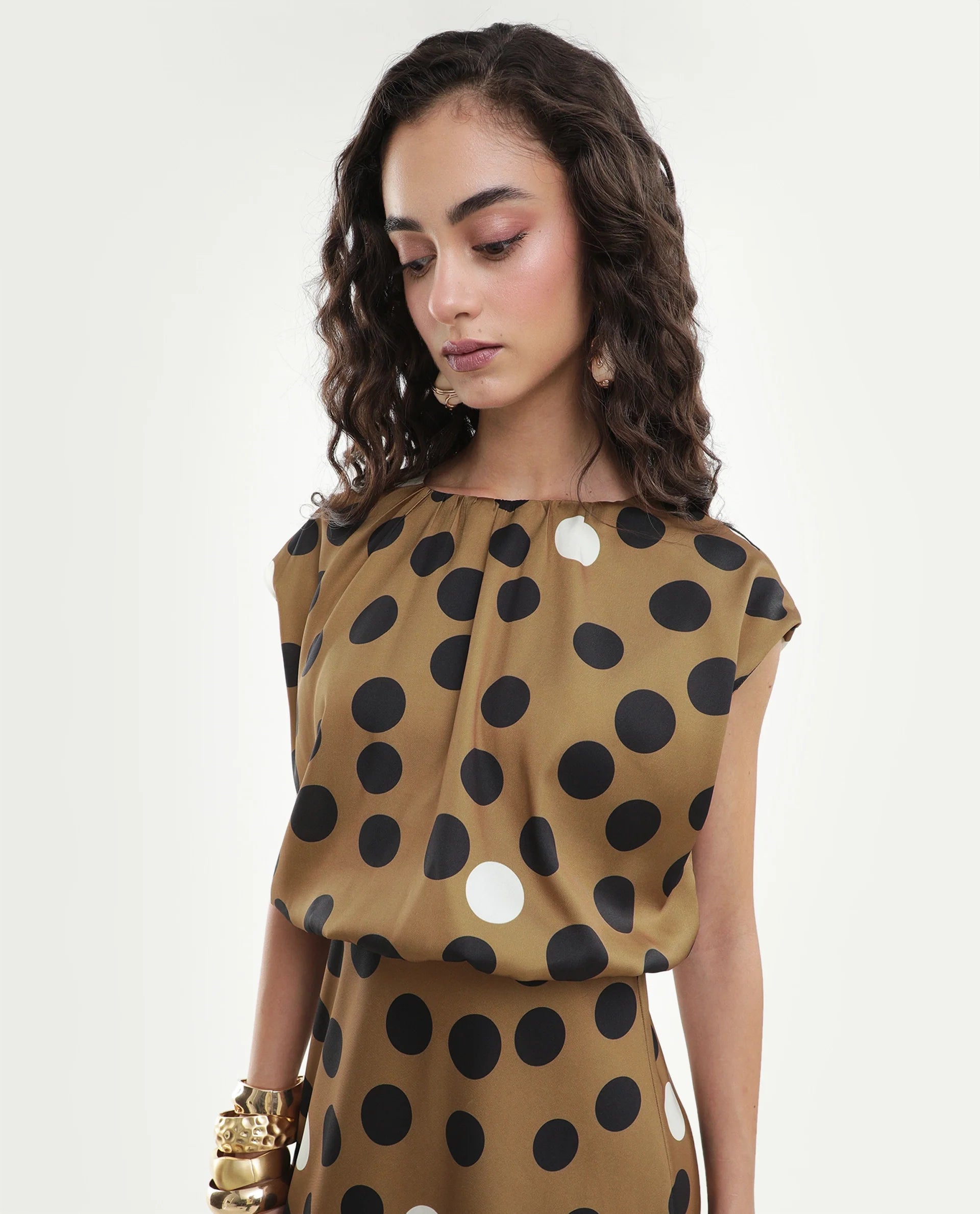 Rareism Women's Polta Beige Polyester Crew Neck Button And Zip Fit And Flare Polka Print Dress