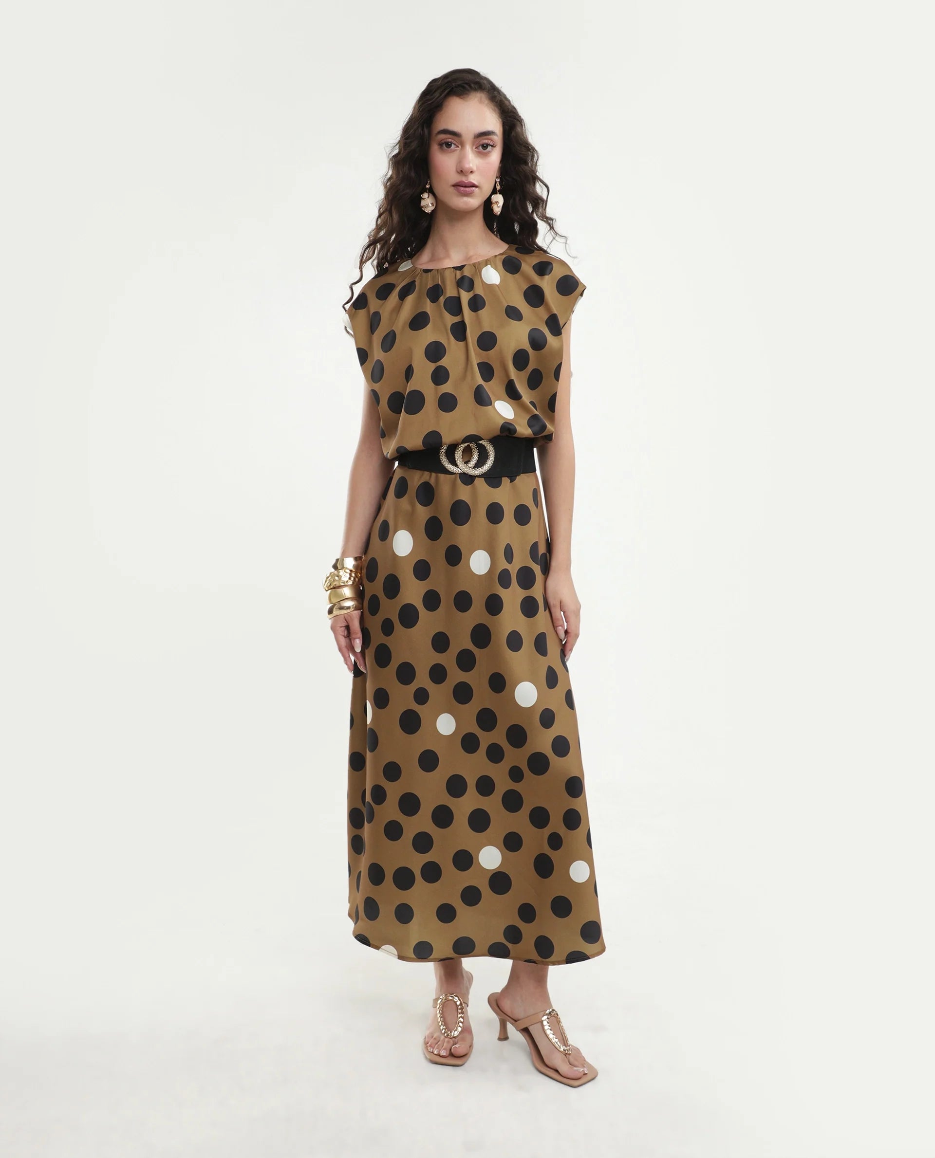 Rareism Women's Polta Beige Polyester Crew Neck Button And Zip Fit And Flare Polka Print Dress