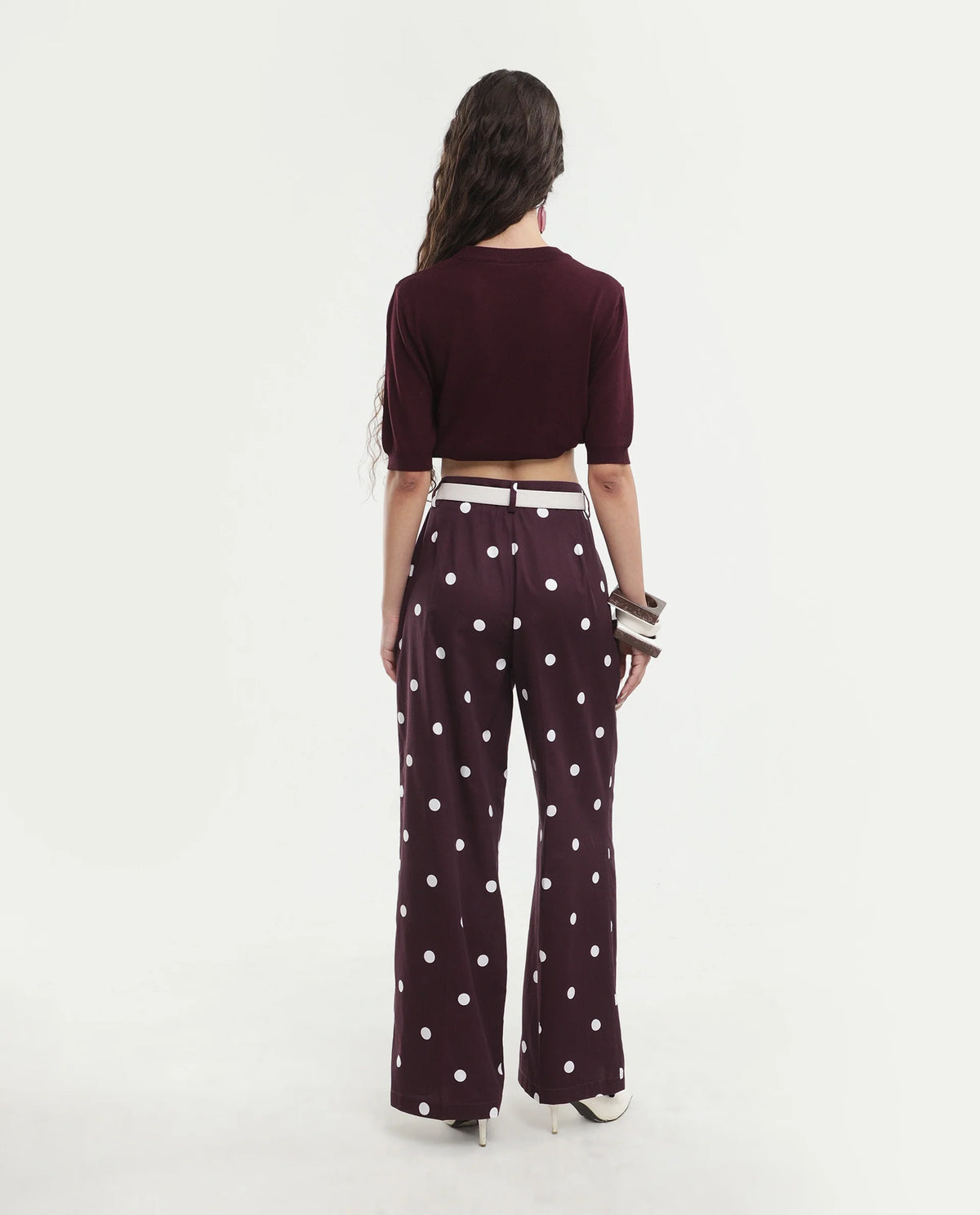 Rareism Women's Polvo-B Maroon Cotton Button And Zip Wide Polka Print Trouser