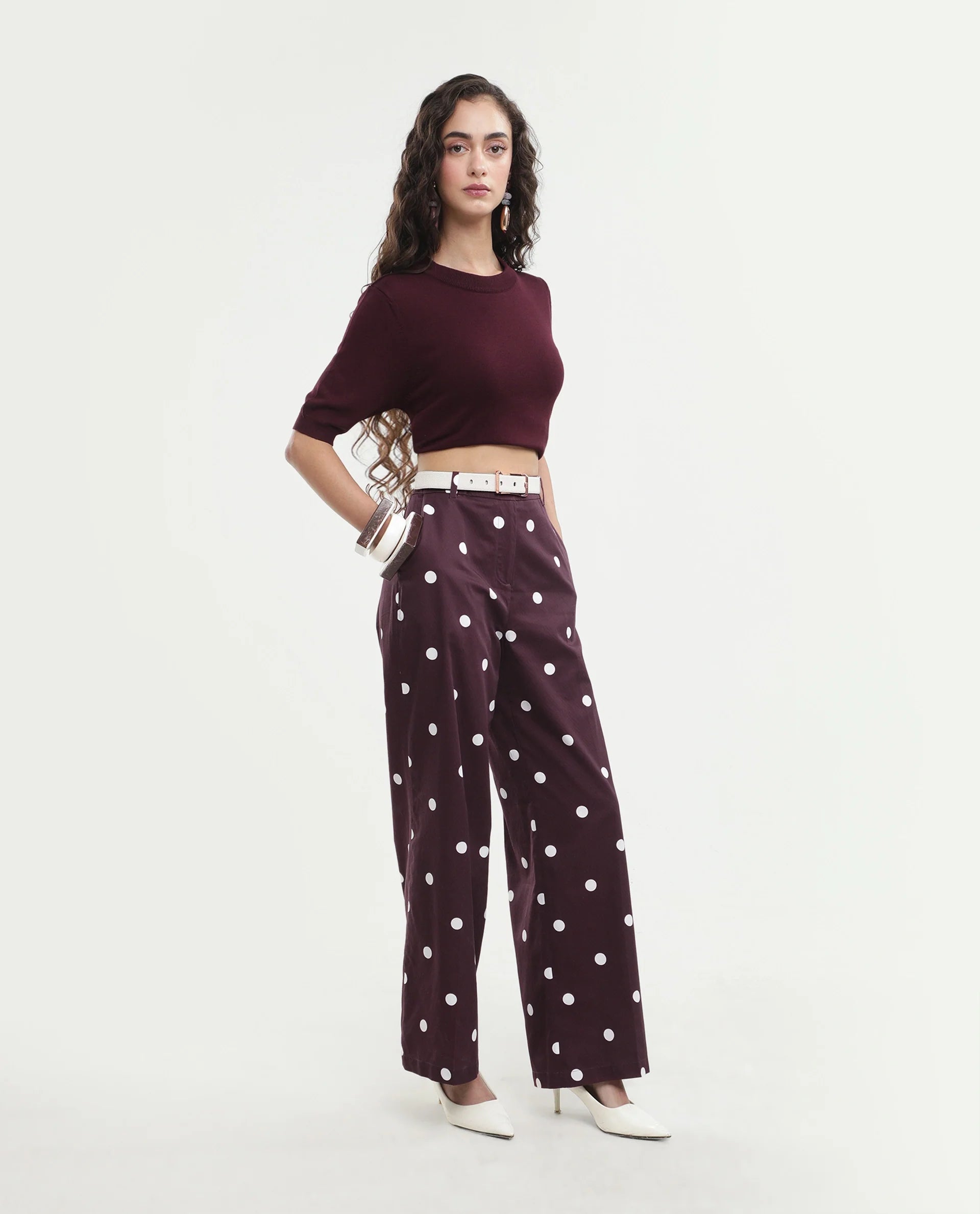 Rareism Women's Polvo-B Maroon Cotton Button And Zip Wide Polka Print Trouser
