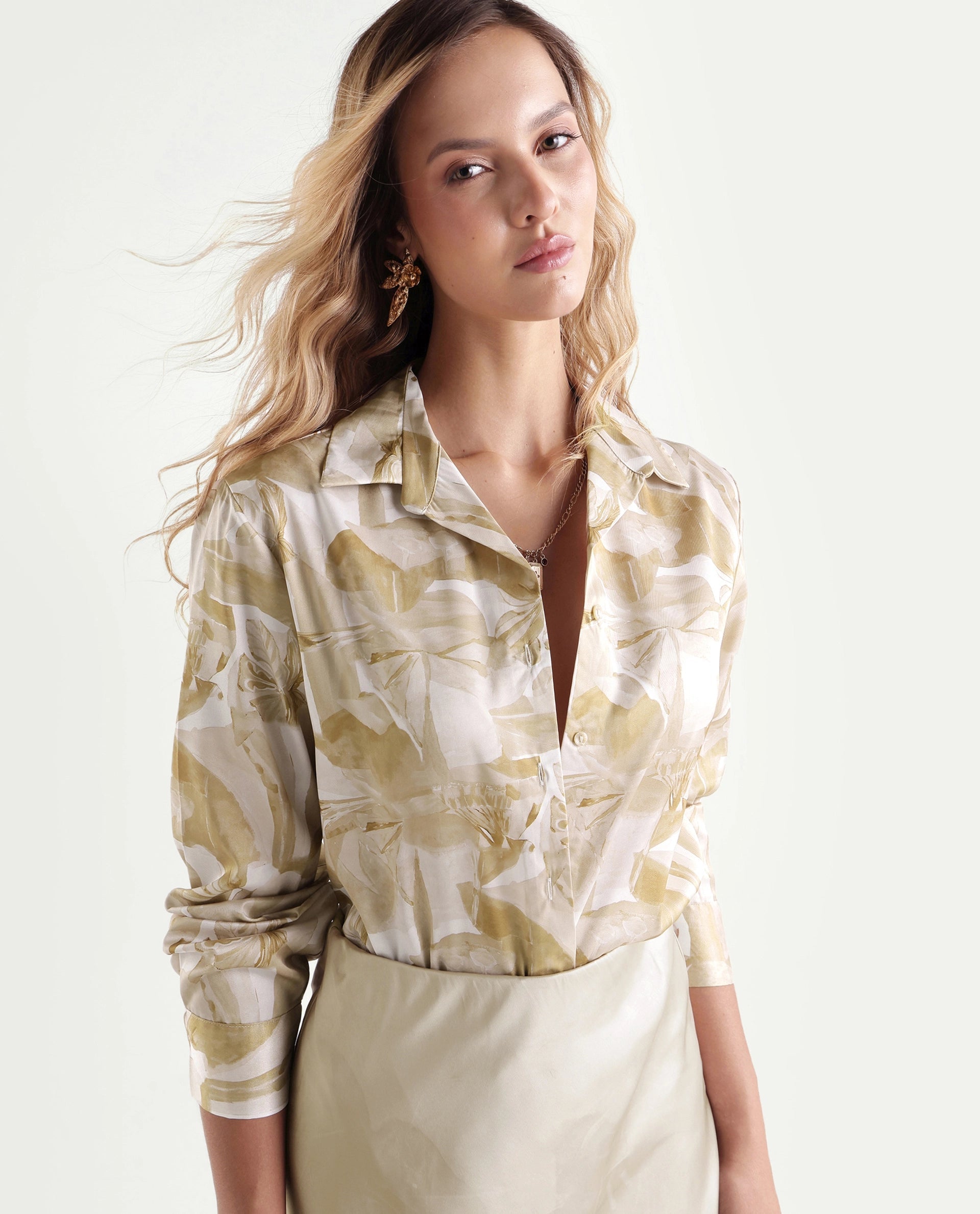 Rareism Women's Satino Beige Abstract Satin Regular Long Sleeve Shirt
