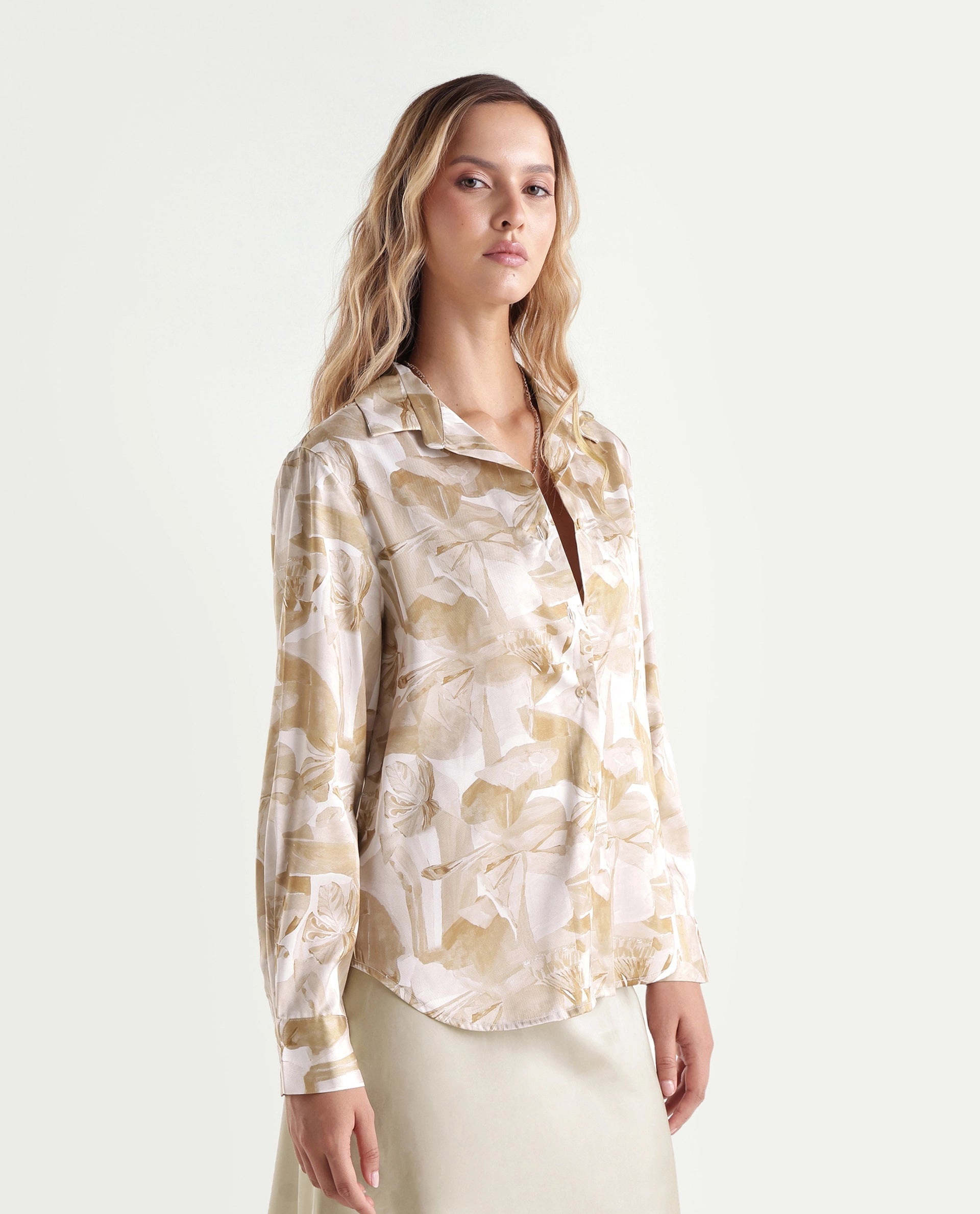 Rareism Women's Satino Beige Abstract Satin Regular Long Sleeve Shirt