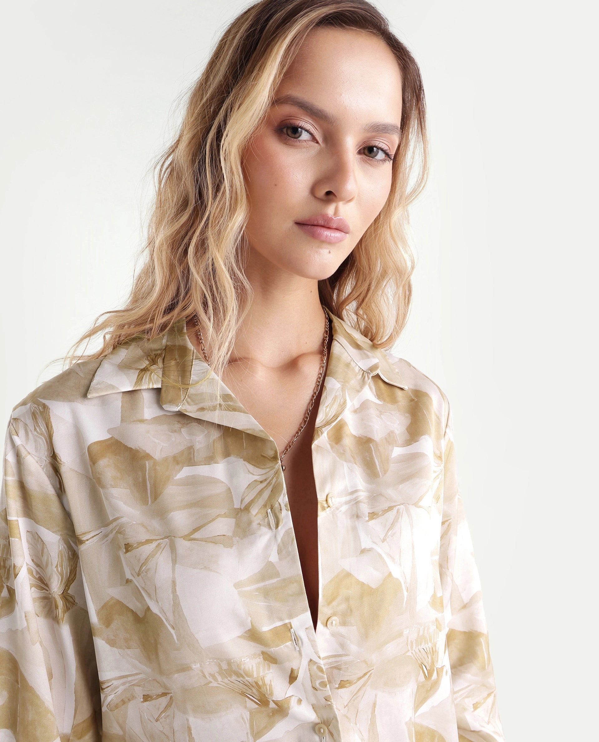 Rareism Women's Satino Beige Abstract Satin Regular Long Sleeve Shirt
