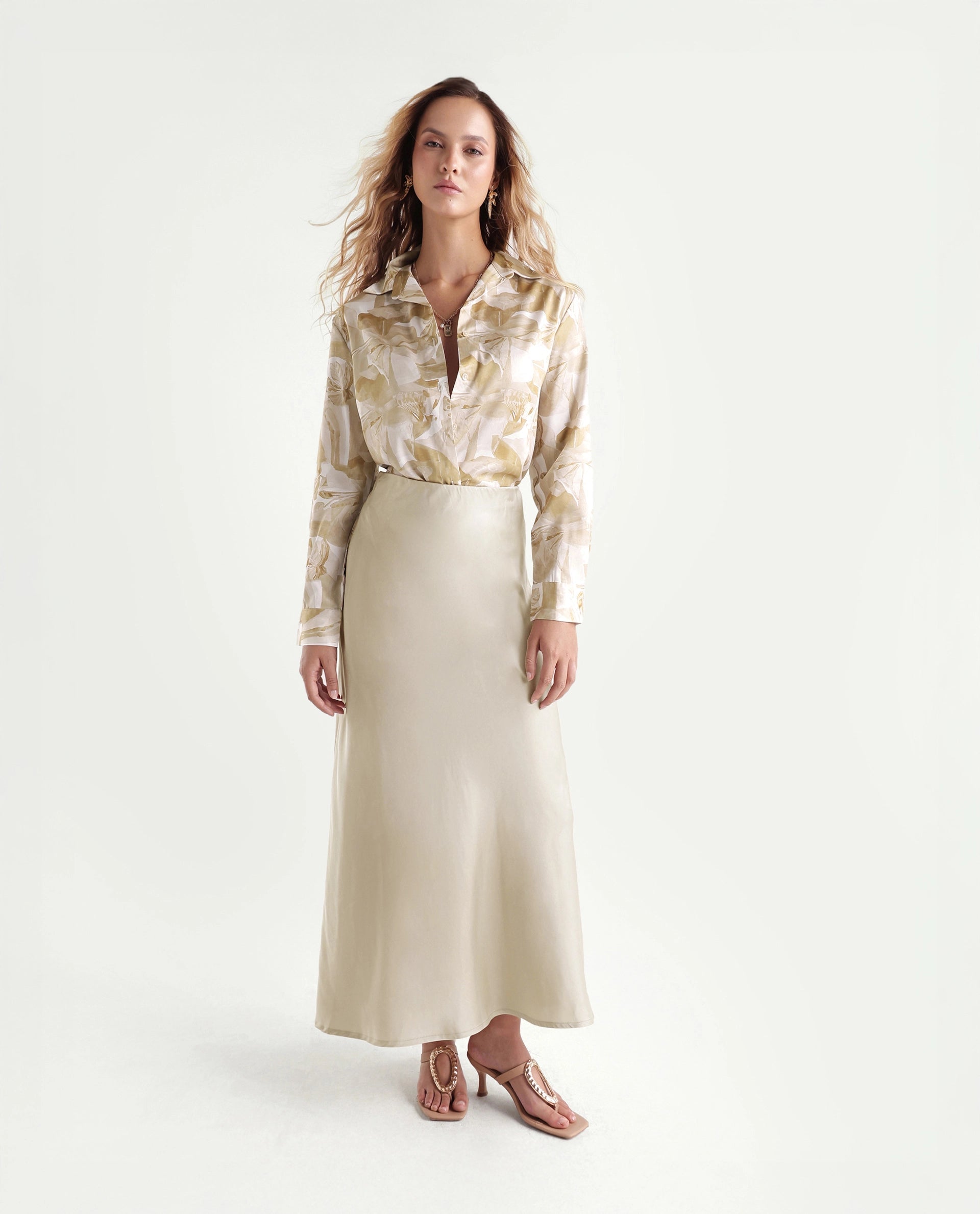 Rareism Women's Satino Beige Abstract Satin Regular Long Sleeve Shirt